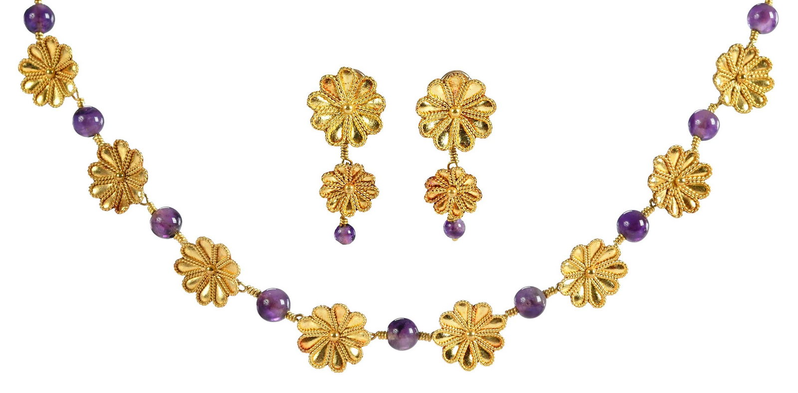 18kt. Etruscan Revival Style Flower and Amethyst Necklace, and Earrings: alternating flower charms, approx. 15.0mm diameter, amethyst beads, approx. 7.0mm, tests 18kt. yellow gold, 17 in. length; double flower earrings, two amethyst beads, tests 18kt. yellow gold, clip on 