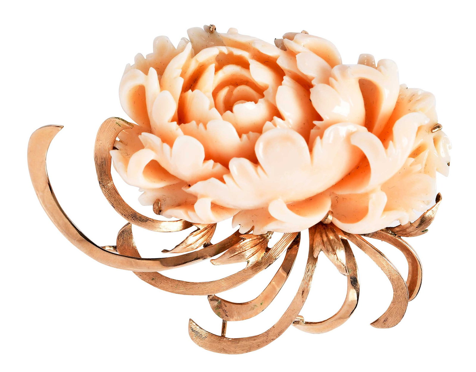 14kt. Vintage Carved Floral Coral Brooch: angel skin coral chrysanthemum, marked "14K", rose gold, 2-1/2 x 2 in., 31.4 g Provenance: Private Collection Note: This piece contains natural coral subject to strict state, federal, and internationa