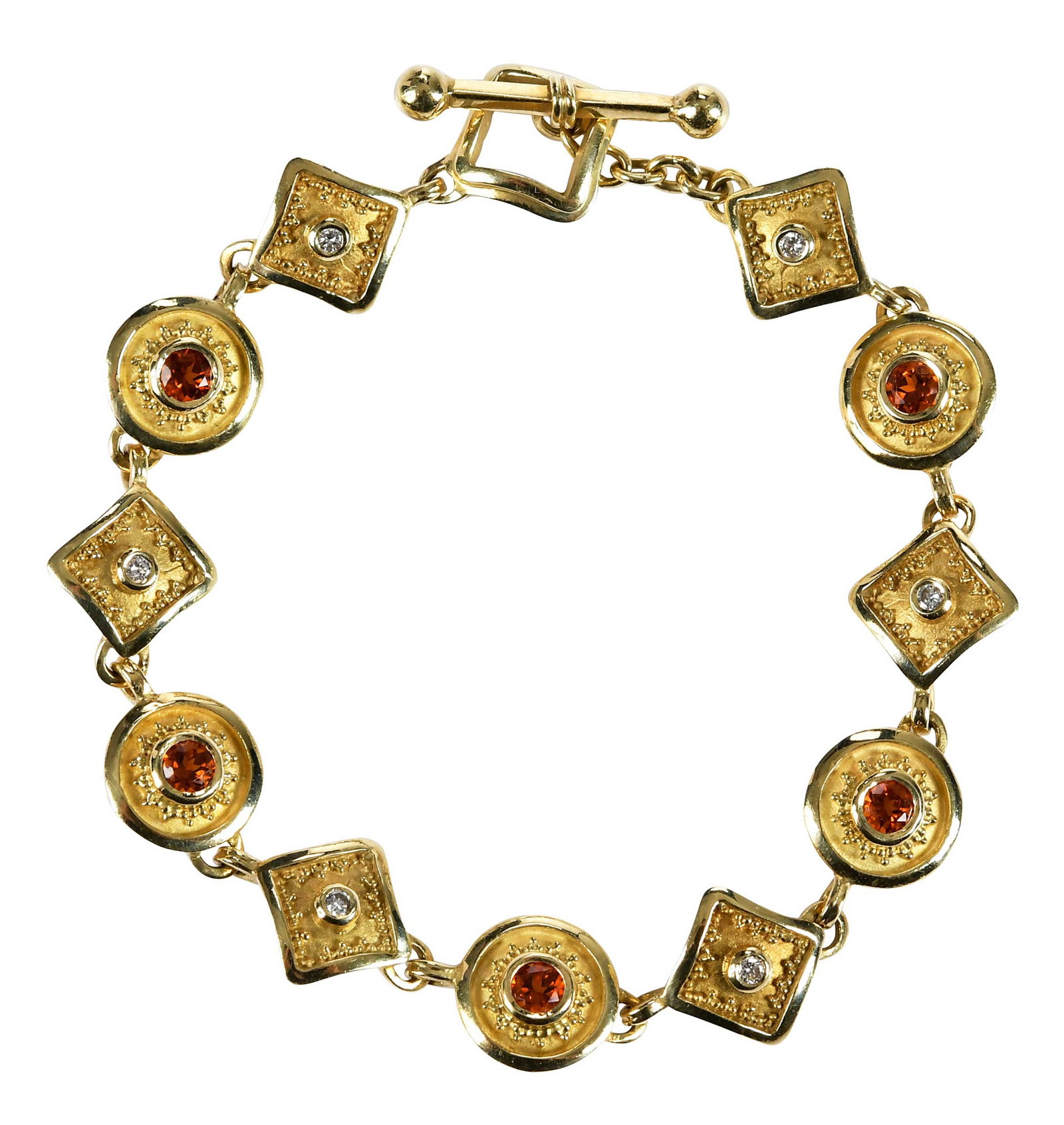 18kt. Geometric Shaped Link Bracelet with Diamonds and Citrines: five round faceted citrines, six round faceted diamonds, 11 alternating granulation, tests 18kt. yellow gold, 7-1/4 in. length, 11.0mm at widest, 20.1 g Provenance: Private Virginia Collection Note: B