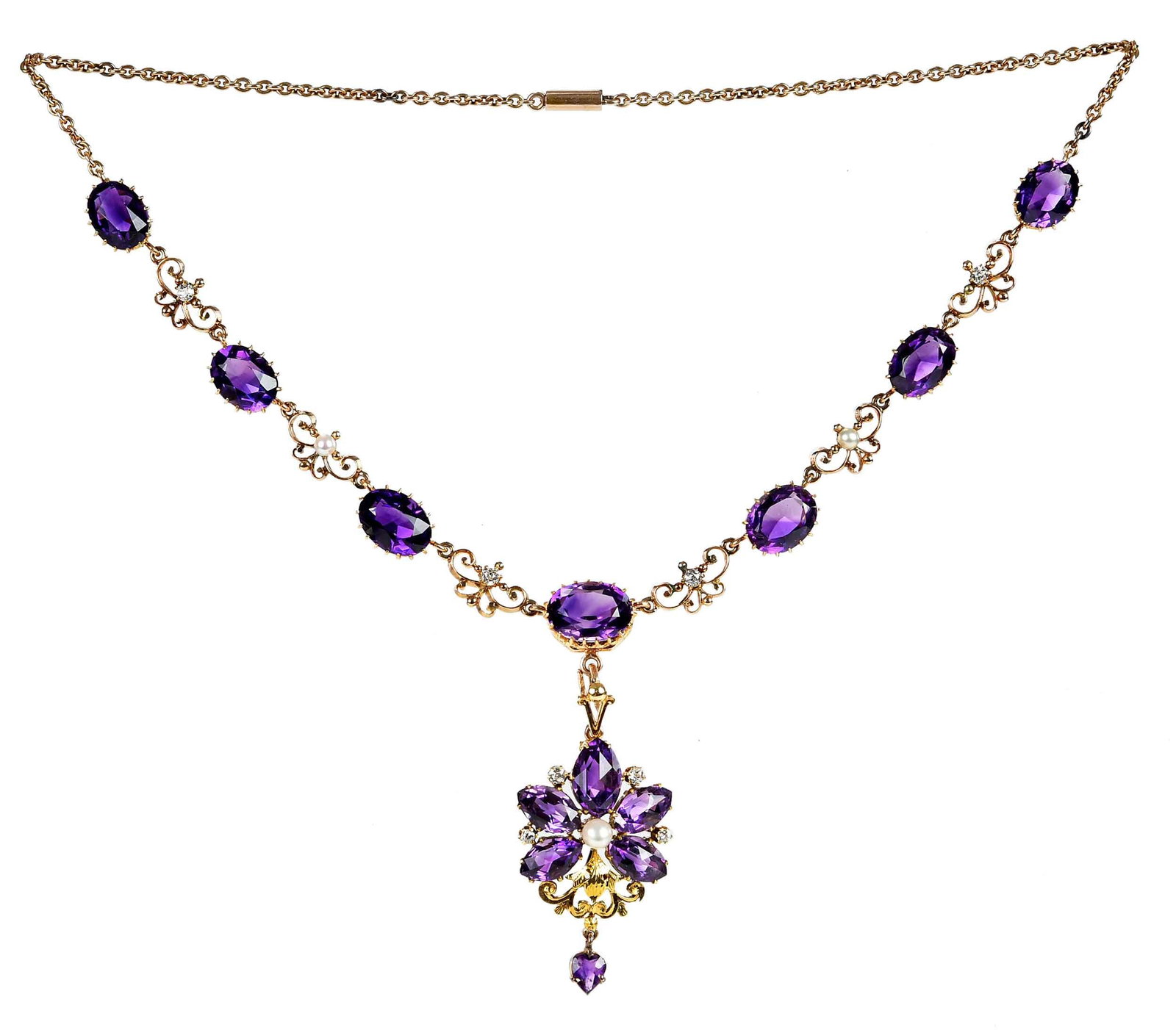 Gold Edwardian Amethyst, Diamond and Pear Drop Necklace: removable pendant, marquise and pear faceted amethyst, old-cut diamonds, round white pearls, 1-3/4 in. drop length, intricate oval faceted amethyst, old-cut diamonds, round white pearls links, tests h