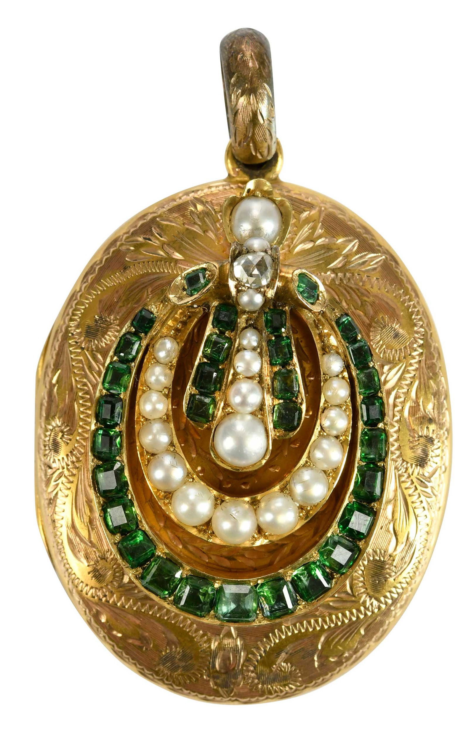 14kt. Edwardian Pearl, Diamond and Gemstone Locket Pendant in Original Case: 18 round white seed pearls, graduating in size, one rose cut diamond, 31 calibre cut possibly tsavorite garnets, detailed engraving back, tests 14kt. and 18kt. yellow gold, 41.0 x 33.0mm, custom case 