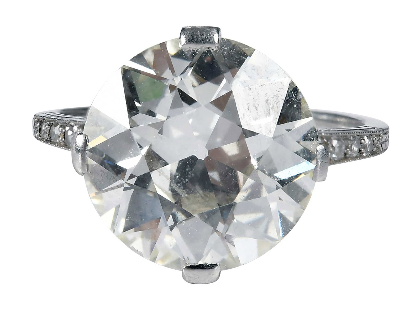 Platinum Edwardian 4.37ct. Diamond Ring - GIA: old European cut diamond, GIA 2243009993, 4.37ct., VS2, N, embellished by old European cut diamonds, tests platinum, 4-3/4 ring sz., 3.1 g Provenance: Private Virginia Collection Note: Brunk Auctions 