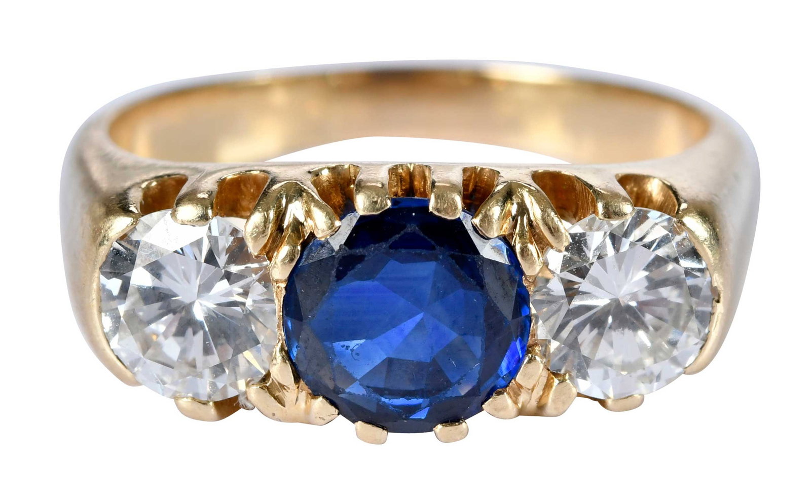 14kt. Three Stone Ring, Blue Sapphire and Diamonds: center round full cut blue sapphire, approx. 1.53 ct., two round full cut diamonds, approx. 2.00ctw., SI, I-J, tests 14kt. yellow gold, 11-3/4 ring sz., 8.8 g Provenance: Collection of William W. Saue