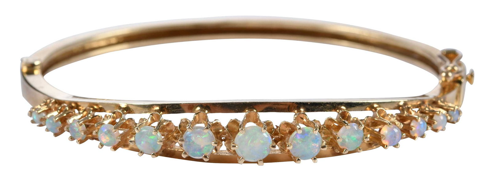 14kt. Opal Hinged Bangle Bracelet: 13 round cabochon cut opals, graduating in size, marked "14K", yellow gold, 6-1/4 in. inside measurement, 8.0mm at widest area, 16.0 g Provenance: Private Collection Note: Brunk Auctions makes no warr