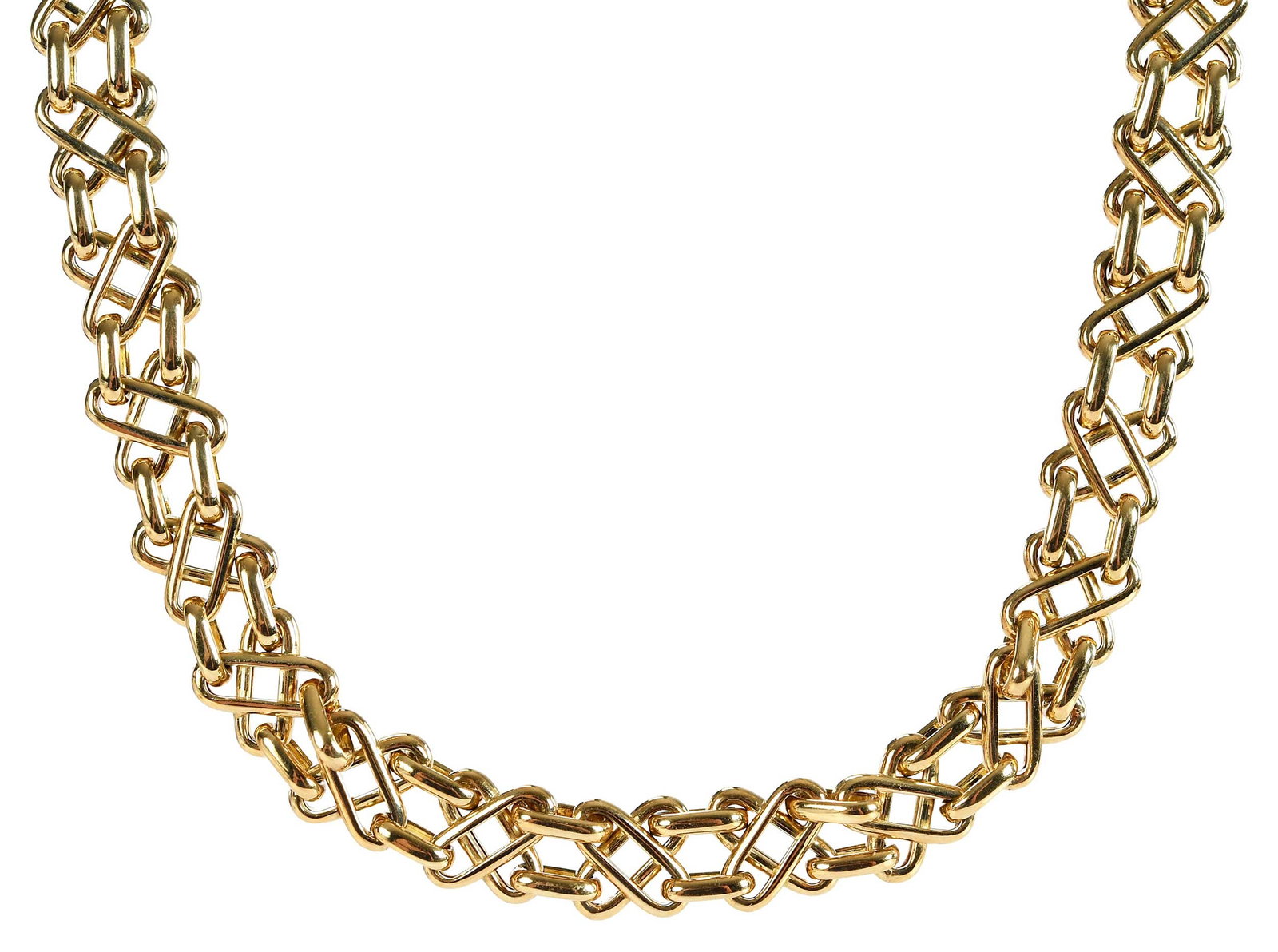 18kt. Tiffany & Co. Basket Weave Link Necklace: high polish, crossover links, marked "750, T&Co, Italy", yellow gold, 17 in. length, 10.0mm wide, 58.9 g Provenance: Private Virginia Collection Note: Brunk Auctions does not guarantee the accuracy of