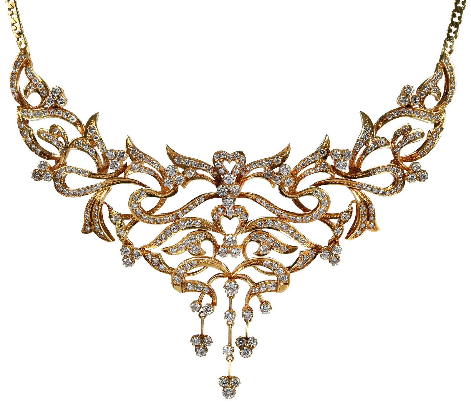 18kt. Diamond Tiara Style Bib Necklace: cascading drop design, round full cut diamonds, approx. 4.00ctw., marked "18kt, 750, Y", yellow gold, 3-7/8 x 5-1/2 in., link chain, 94.1 g Provenance: Private Virginia Collection Note: Brunk Auctions