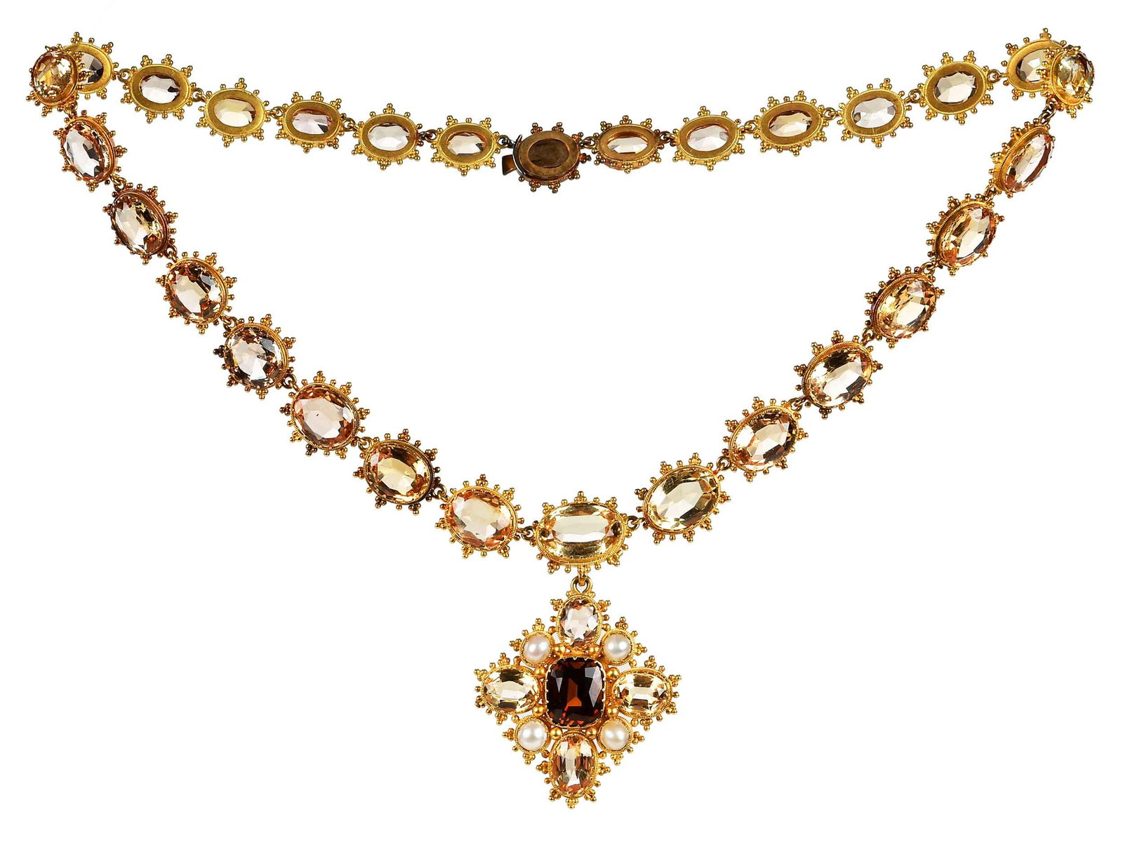 18kt. Georgian Collet Riviere Citrine Necklace: center cushion cut citrine, surrounded by four oval faceted pale citrine, four round white pearls, approx. 1-1/8 x 1-1/8 in., 29 oval faceted pale citrine as links in necklace, all test 18kt. yellow g