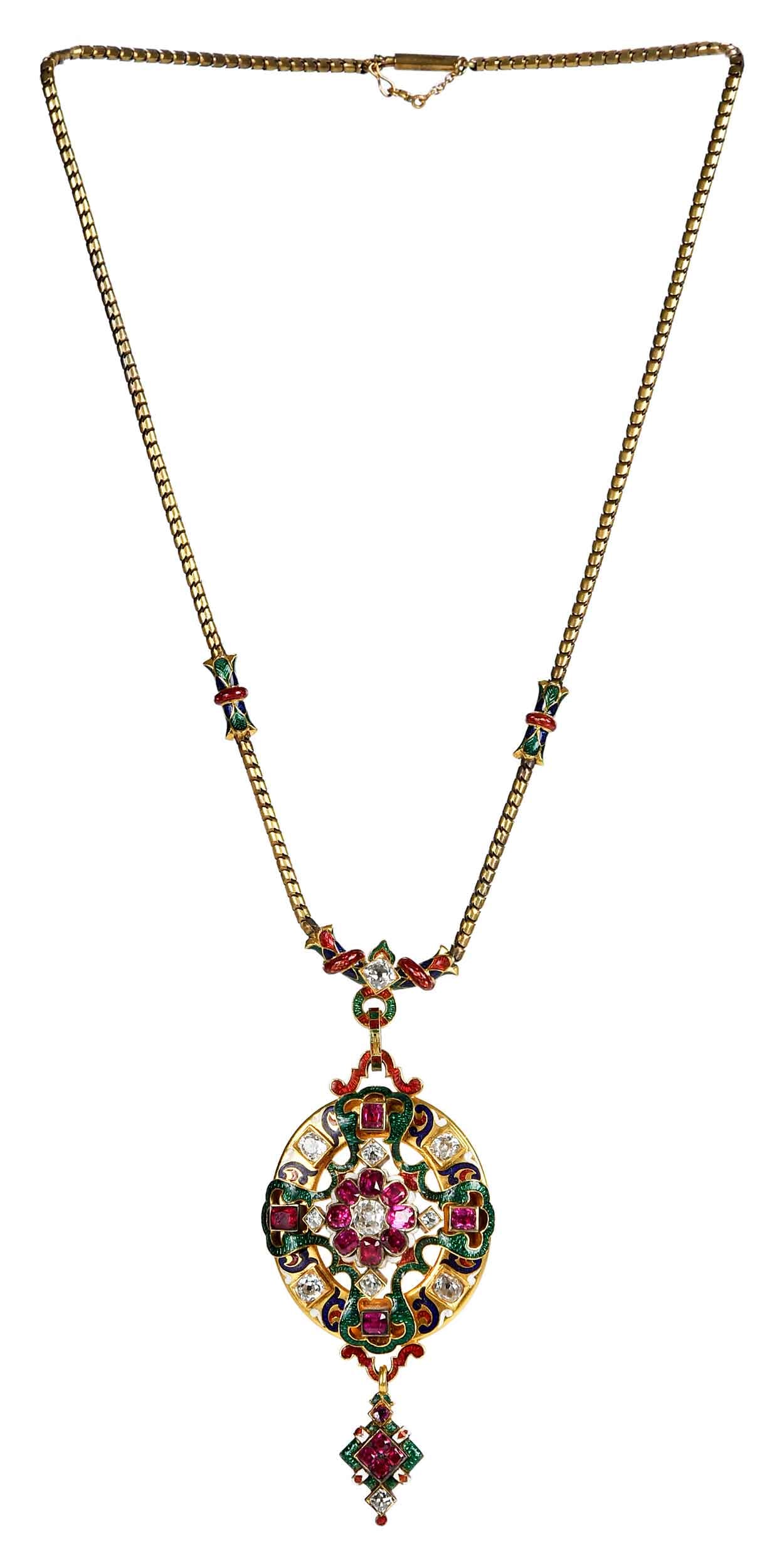 18kt. Ruby, Diamond and Enamel Holbeinesque Pendant on 14kt. Enamel Chain: old cut rubies, old cut diamonds, green, red, blue, and white enamel, detailed engraving on back, tests 18kt. yellow gold, 2-3/4 x 1-1/4 in., snake link chain, 15 in. chain length, 3 in. drop length, 