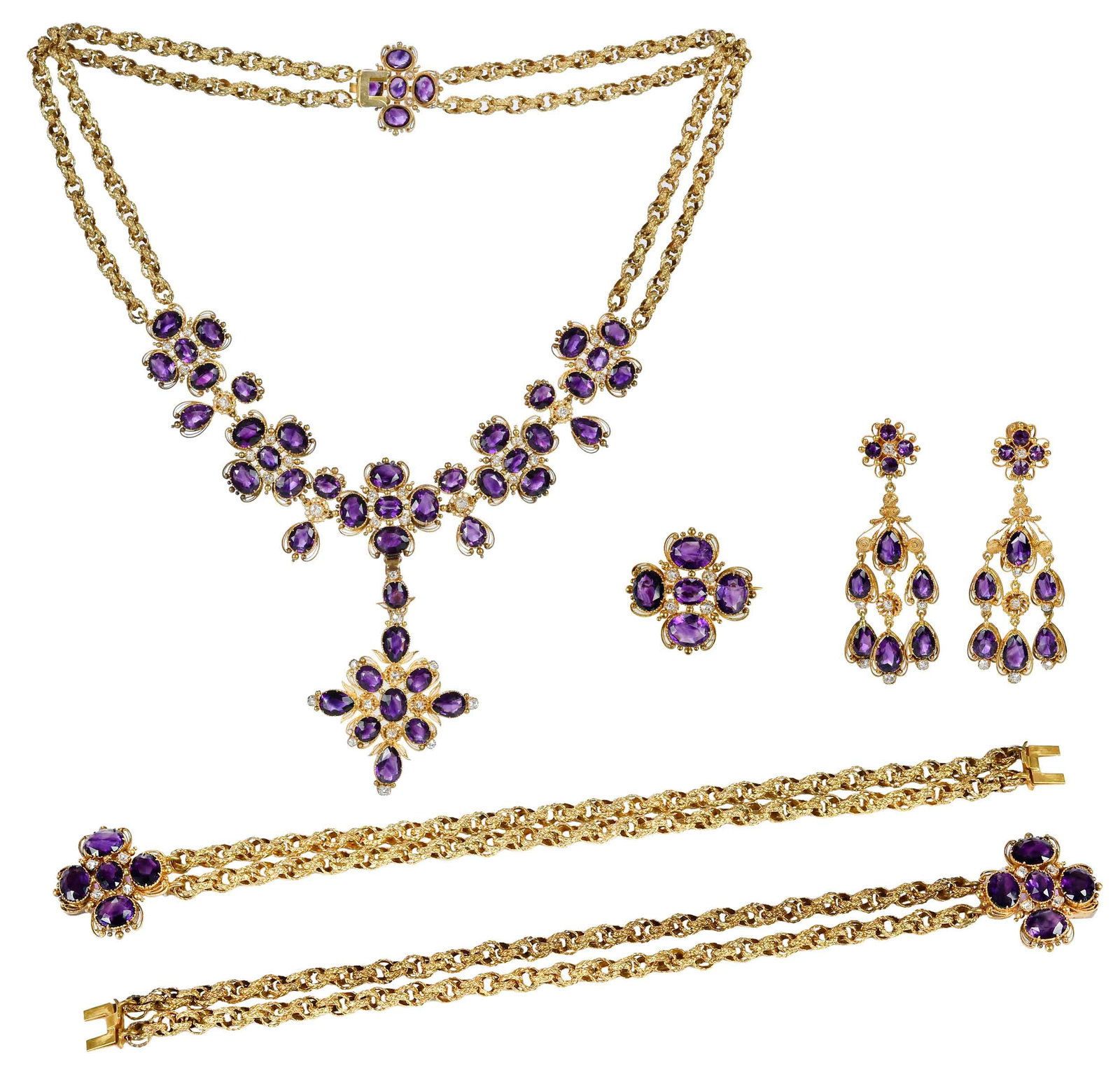 Garrard & Co. Amethyst Cannetille Parure in Original Fitted Leather Case: comprising: intricate 18kt. yellow gold filigree, necklace, 15-1/2 in. length, removable drop pendant, 2 in. length, two bracelets, approx. 6-1/2 in. length each, can be worn as an extender attachment