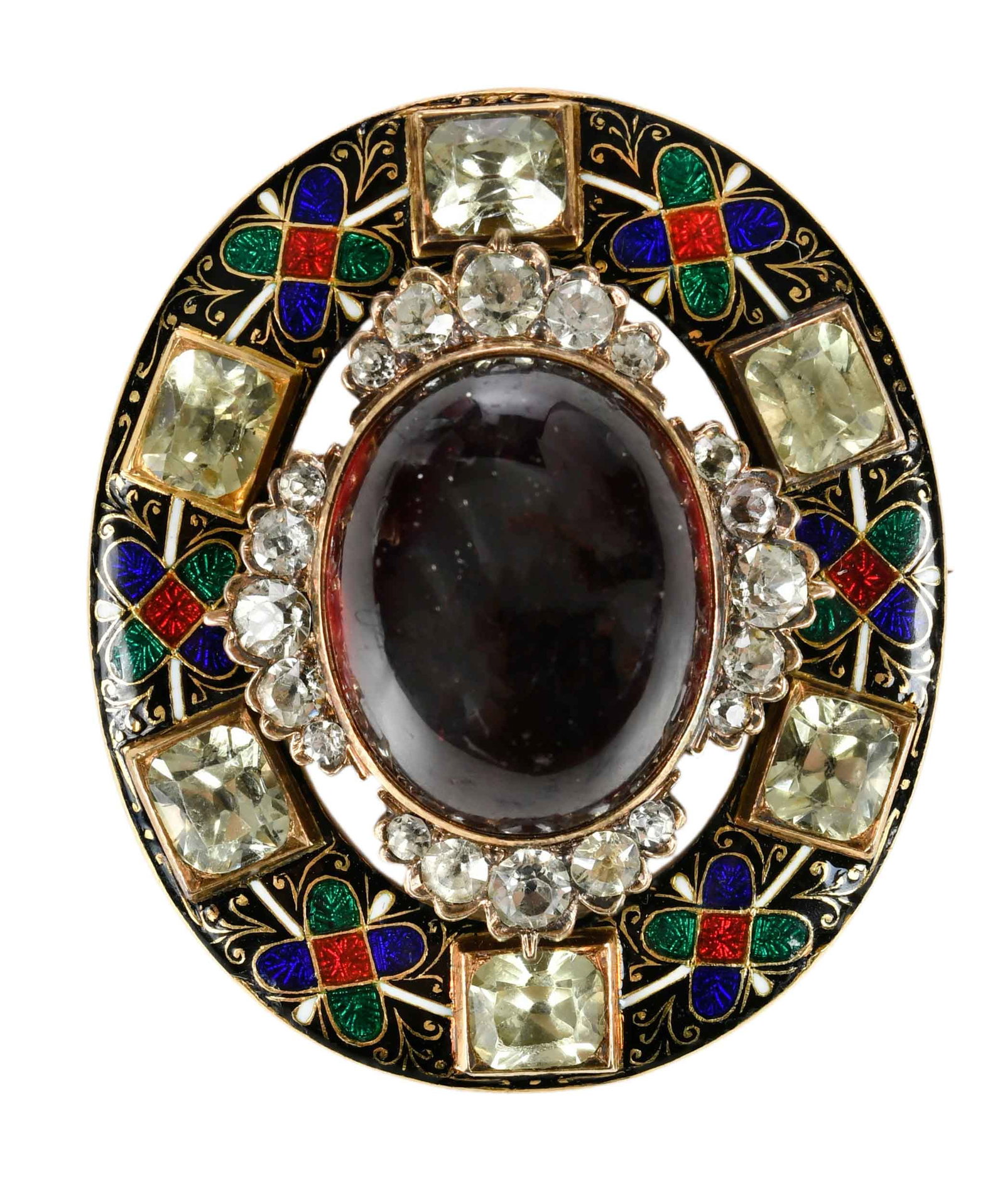 Renaissance Revival Garnet and Enamel Holbeinesque Brooch: oval carbuncle, red, green, black, and blue cloisonne enamel, modified emerald cut and old mine cut chrysoberyl, detailed engraving back, open locket window compartment, tests 18kt. yellow gold, 37.0 