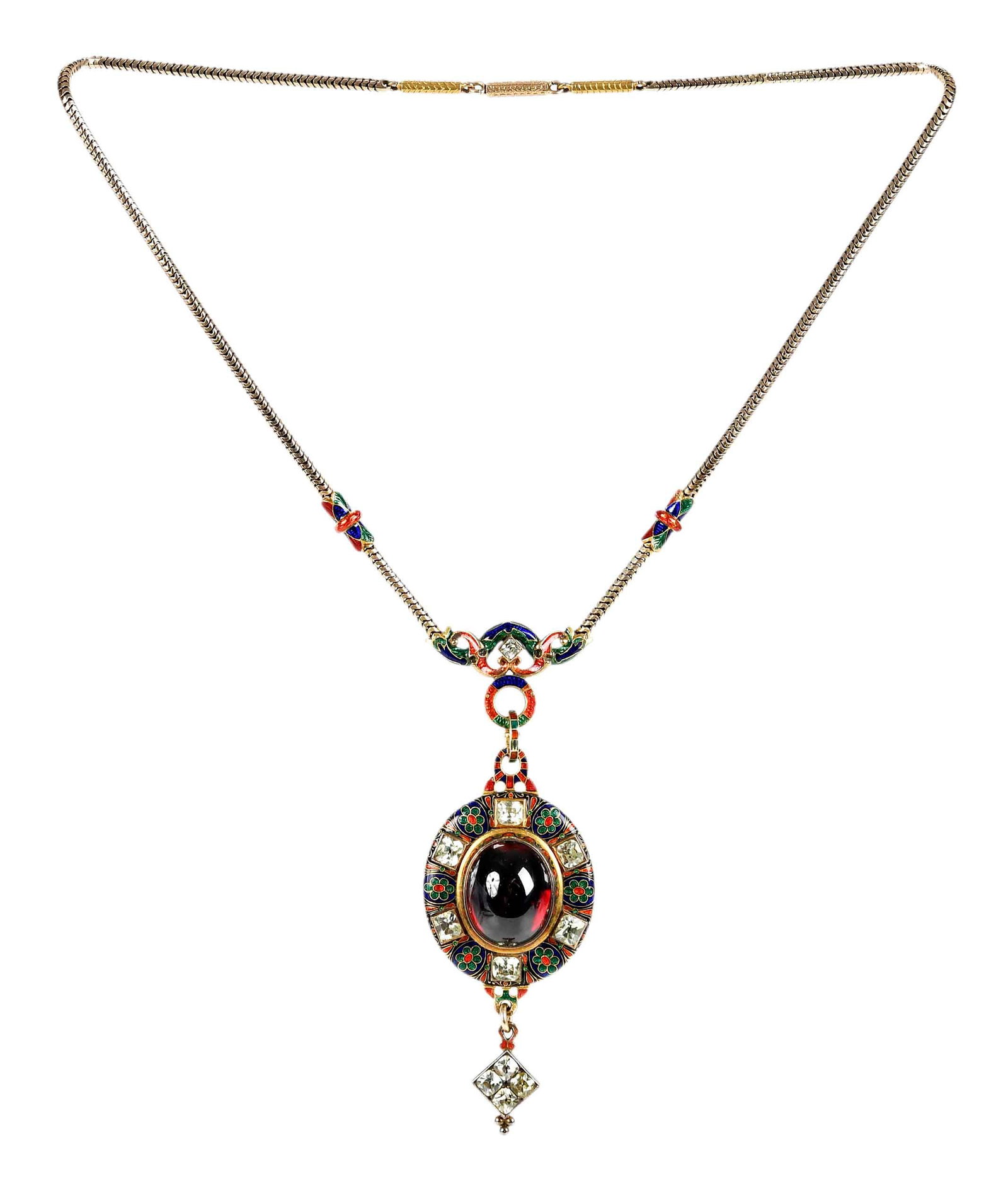 18kt. Enamel Holbeinesque Pendant on 14kt. Chain in Leather Case: oval garnet cabochon, red, green, and blue cloisonne enamel, modified emerald cut chrysoberyl, detailed engraving back, locket window compartment, tests 18kt. yellow gold, 3 in. length drop; snake-lin