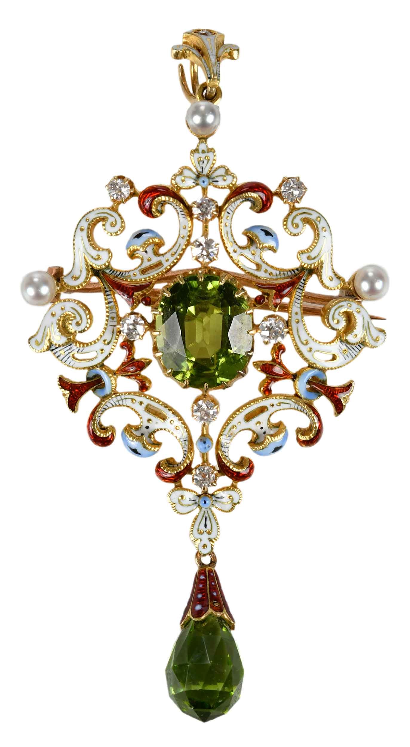 Renaissance Revival Peridot, Diamond, Pearl and Enamel Holbeinesque Pendant Brooch (1 of 3)