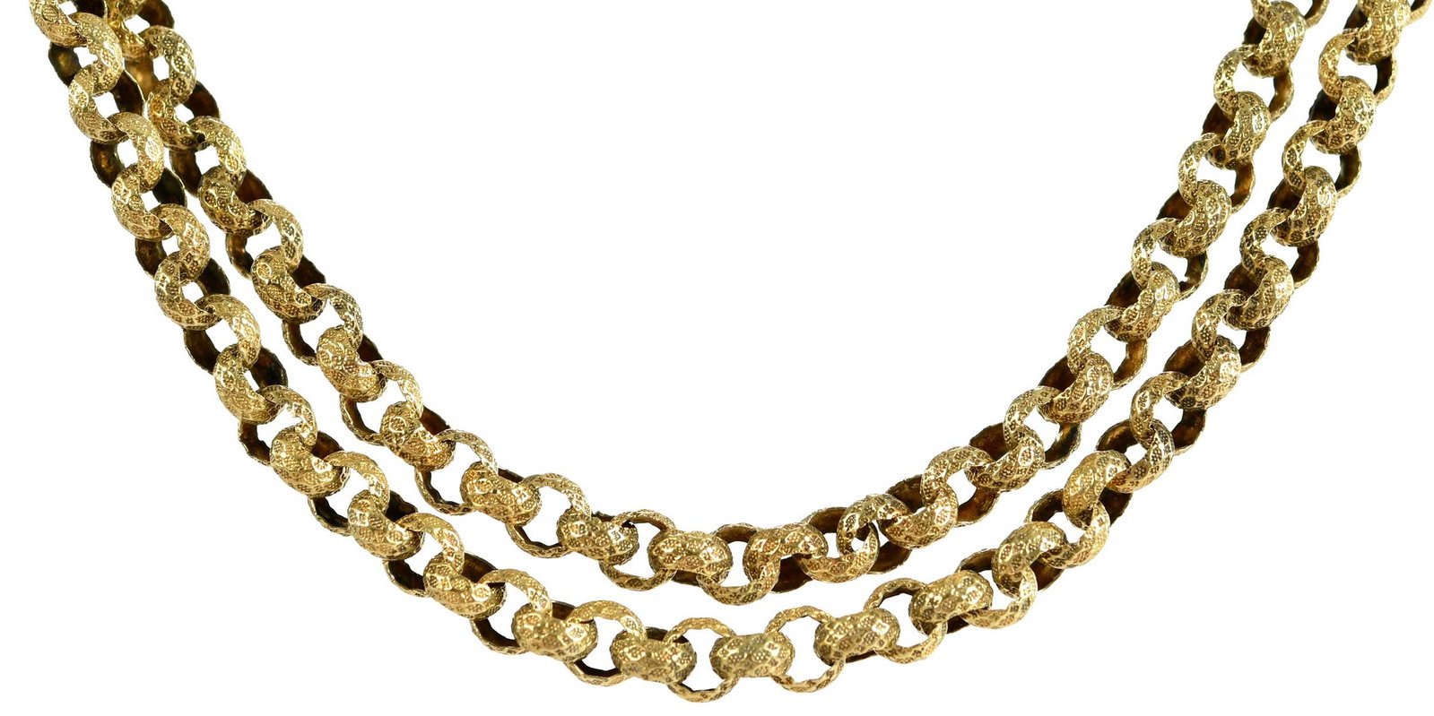 Gold Georgian Belcher Link Guard Chain: column design clasp, textured links, tests 12kt. gold, 24 in. length, 5.0mm wide, 16.2 g Provenance: Private Virginia Collection Note: Brunk Auctions does not guarantee the accuracy of metal content o