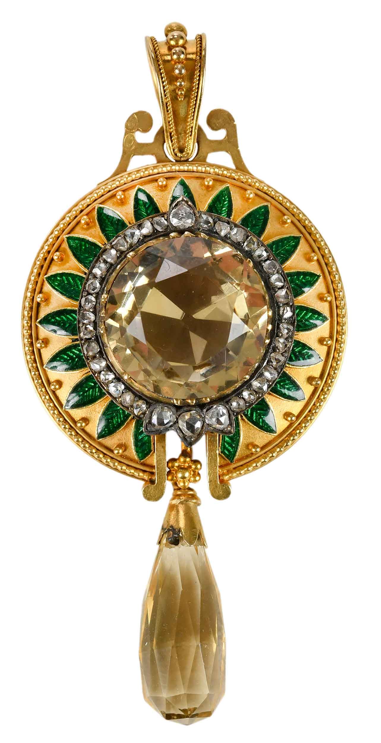 Carlo Giuliano Renaissance Revival Enamel, Diamond and Gem Set Pendant: central round faceted pale yellow citrine, border of rose cut diamonds, faceted pale yellow citrine drop briolette, green cloisonne enamel leaf motif, tapering bale decorated with delicate beadwork, s