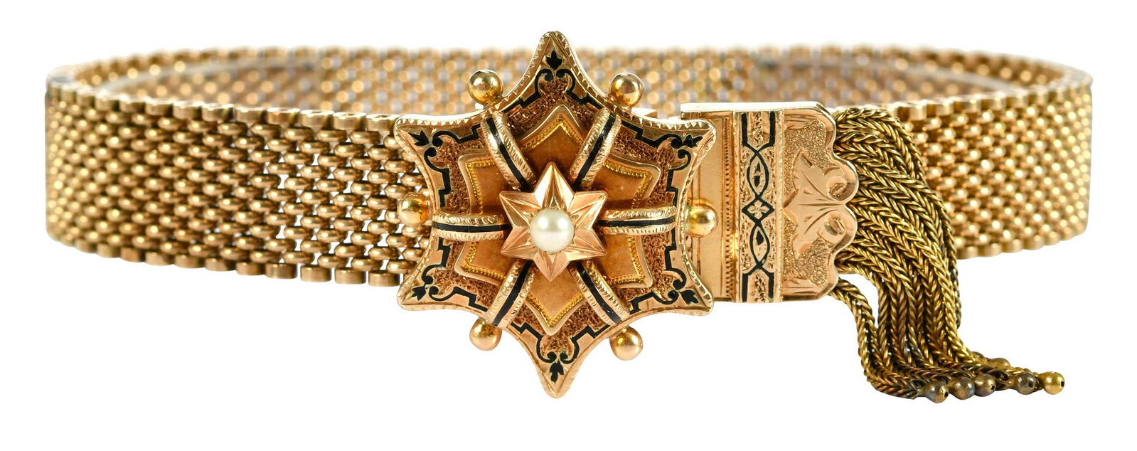 14kt. Victorian Slide Enamel and Pearl Mesh Bracelet: one white pearl, approx. 3.0mm, black taille d epargne enamel accent, tests 14kt. yellow gold, engraved "JF Weston", 1/2 in. wide, adjustable clasp, 37.6 g Provenance: Private Virginia Collection Note