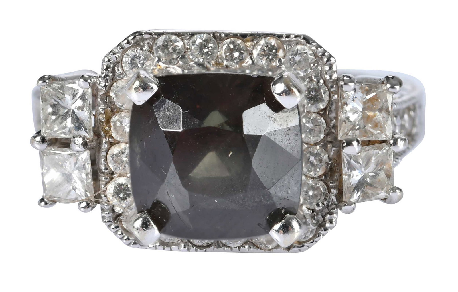 14kt. Alexandrite and Diamond Ring: cushion cut alexandrite, approx. 4.00ct., four princess cut diamonds, approx. 0.80ctw., 26 round full cut diamonds, approx. 0.50ctw., marked "14K", white gold, 8 ring sz., 6.7 g Provenance: Private Co