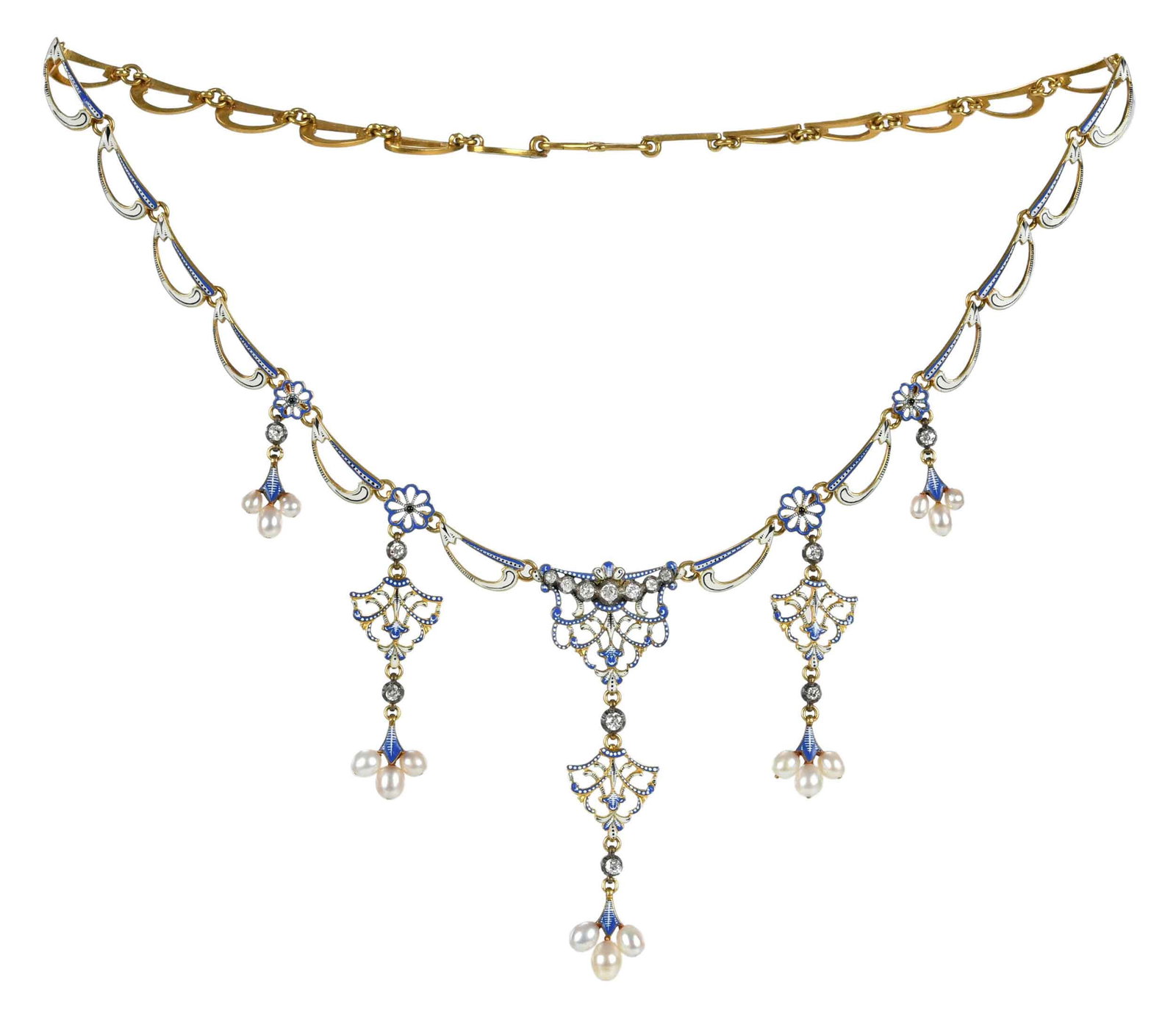 C & A Giuliano Renaissance Revival Enamel Necklace in Original Fitted Leather Case: circa 1890, fringe design, five openwork scroll drop panels,15 old cut diamonds, 15 suspending pearls, blue and white piqué enamel, flanked by graduated openwork looped scroll links, marked "C&