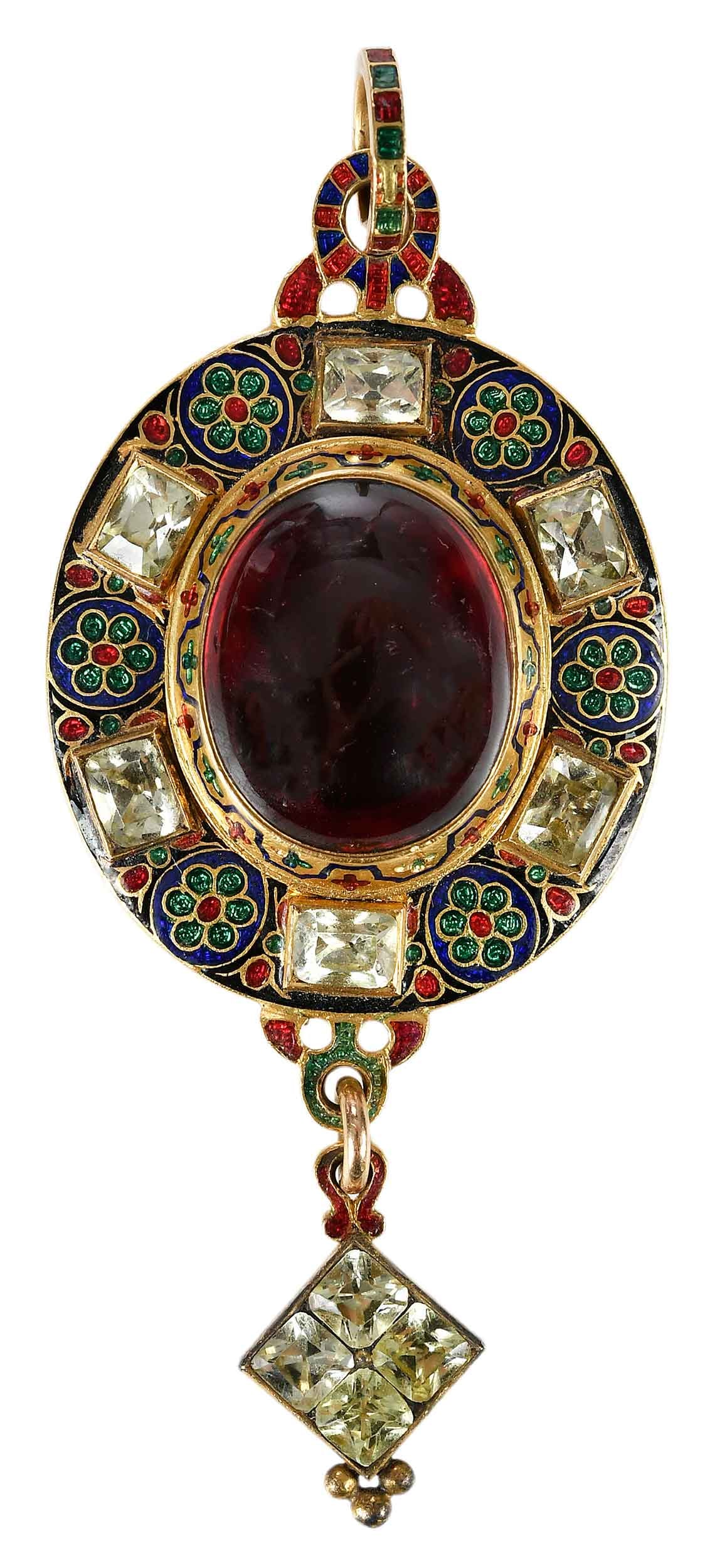 Renaissance Revival Garnet and Enamel Holbeinesque Locket: oval carbuncle, red, green, and blue enamel, modified old cut chrysoberyl, drop with modified old cut chrysoberyl, detailed engraving back, open locket window compartment with hair, tests 18kt. yellow