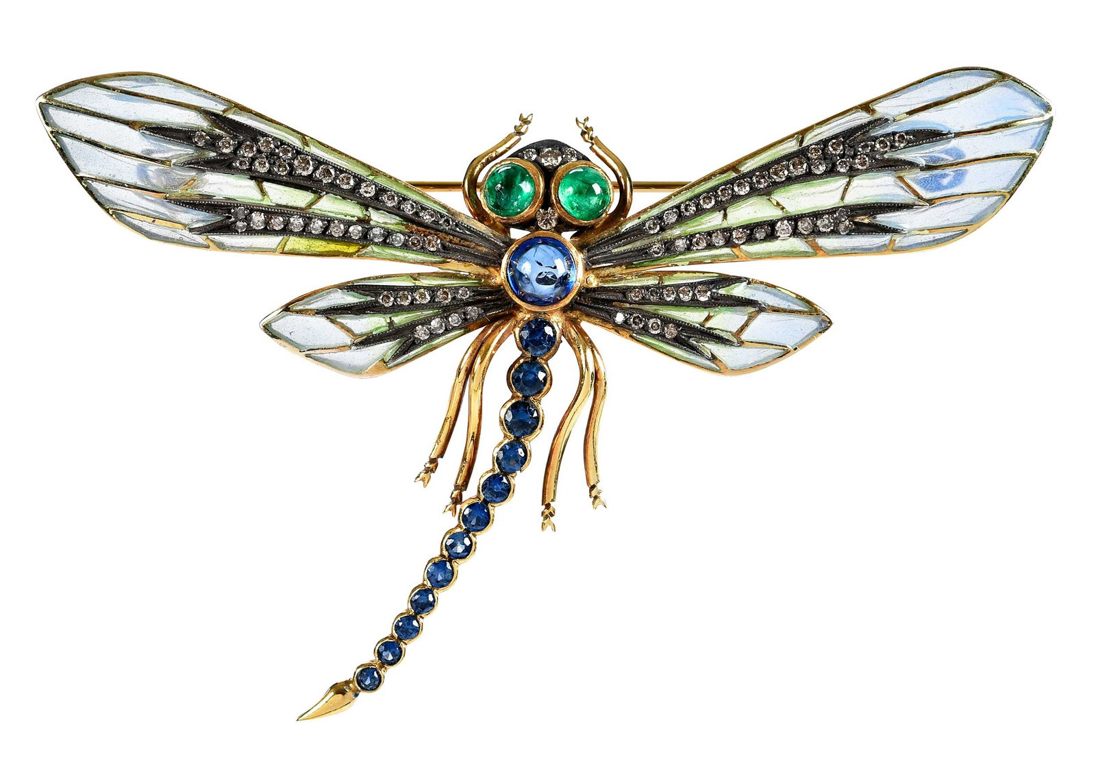 18kt. Dragonfly Art Nouveau Style Gemstone and Enamel Brooch: plique a jour, round cabochon cut blue sapphire, 12 round faceted blue sapphires, graduating in size, two round cabochon cut emeralds, round faceted colored diamonds, marked "18K", yellow gold, 3 in. 