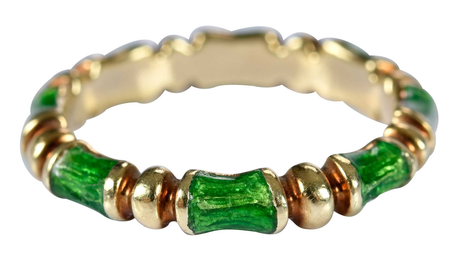 14kt. Bamboo Enamel Band: alternating green enamel, tests 14kt. yellow gold, 5-1/4 ring sz., 3.0mm wide, 3.3 g Provenance: By descent in family Note: Brunk Auctions does not guarantee the accuracy of metal content or purity. A