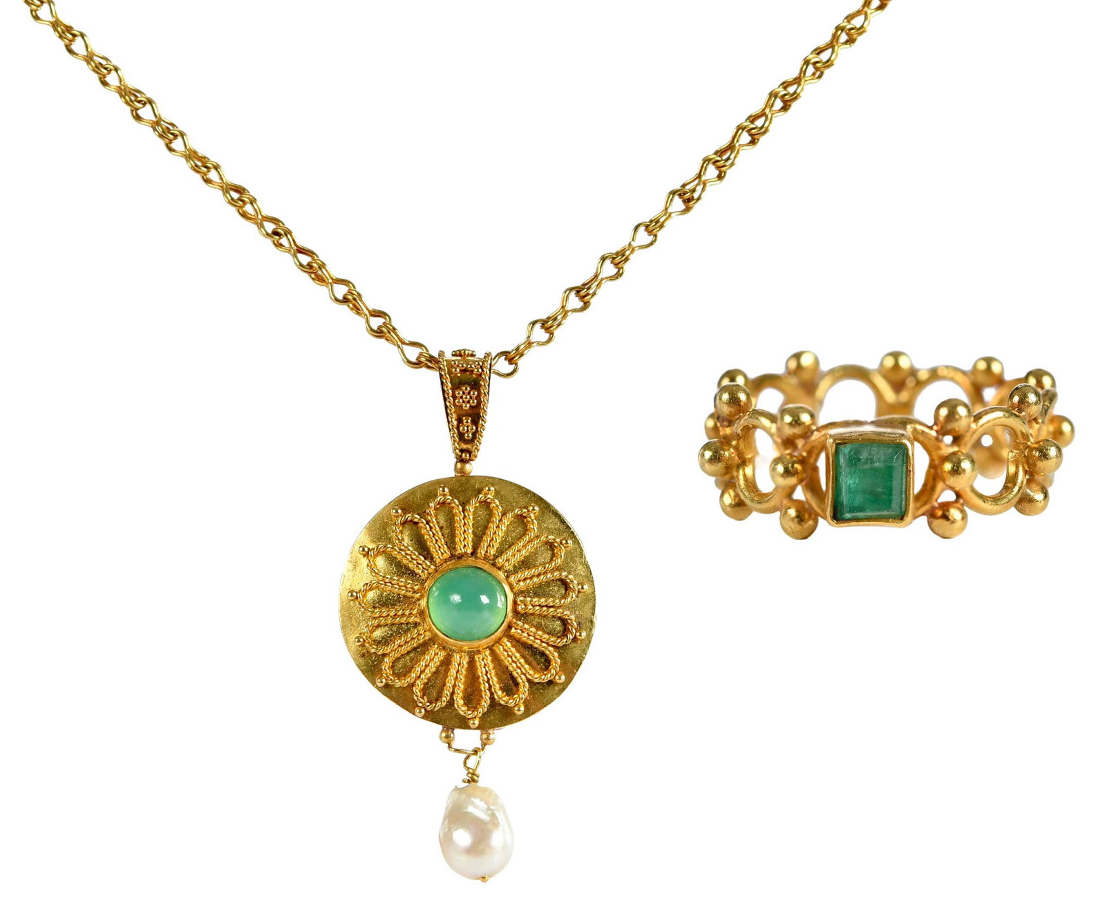 18kt. Etruscan Revival Style Emerald Ring, Gemstone Pendant and Chain: square step cut emerald, tests 18kt. yellow gold, 6 ring sz., 8.0mm wide; round cabochon cut chrysoprase, freshwater pearl drop, tests 18kt. yellow gold, 25.0mm diameter; fancy link chain, tests 18kt.
