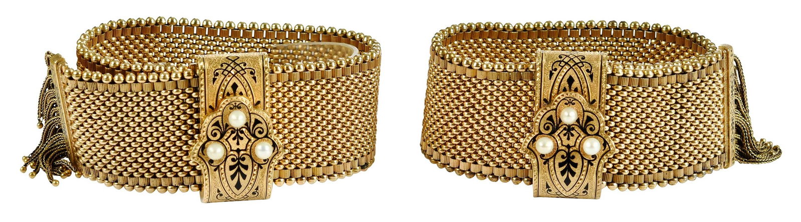 14kt. Pair of Victorian Slide Enamel and Pearl Mesh Bracelets: six white pearls, approx. 4.0mm , black taille d epargne enamel accents, tests 14kt. yellow gold, 1-1/8 in. wide, adjustable clasp,154.2 g Provenance: Private Virginia Collection Note: Brunk Auctions 