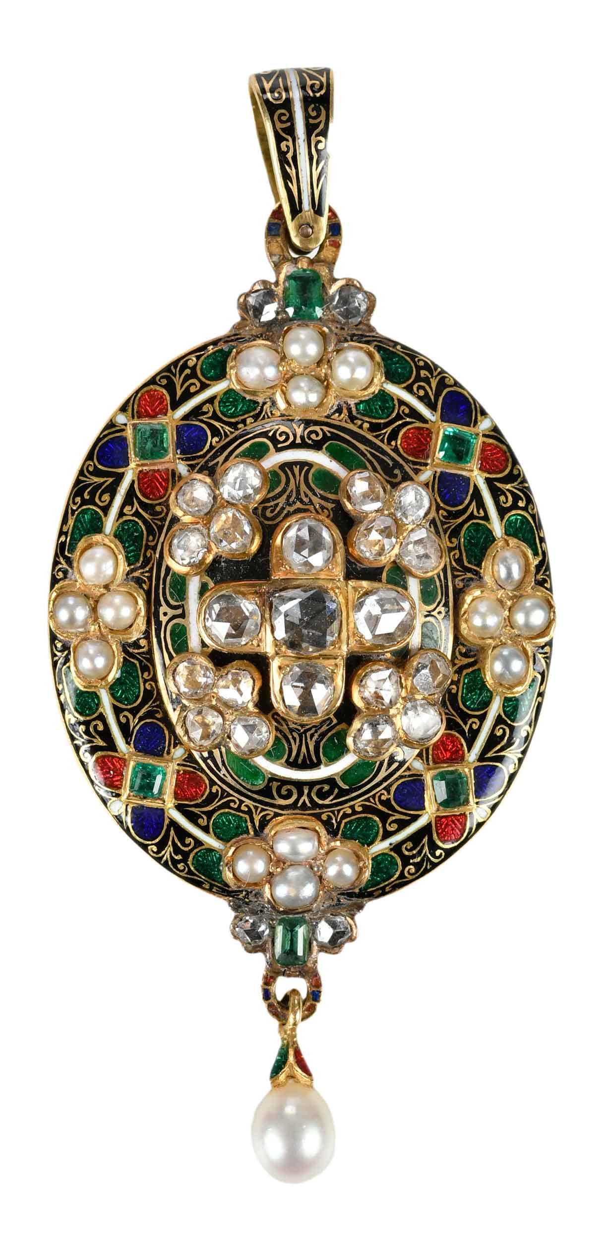 Renaissance Revival Enamel, Diamond, with Pearl Holbeinesque Pendant: 25 old faceted diamonds, six faceted emeralds, 16 seed pearls, black, red, green, and blue enamel, pear shaped pearl drop, detailed engraving back, tests 18kt. yellow gold, 65.0 x 30.0mm, 19.1 g, case