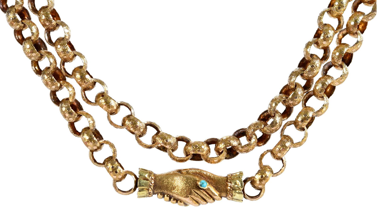 14kt. Georgian Long Belcher Chain with Turquoise Hand Clasp: two round cabochon turquoise in clasp, textured links, tests 14kt. Yellow gold, 53 in. length, 7.0mm wide, 58.8 g, leather box marked "Greenleaf & Cosby Co." Provenance: Private Virginia Collection No