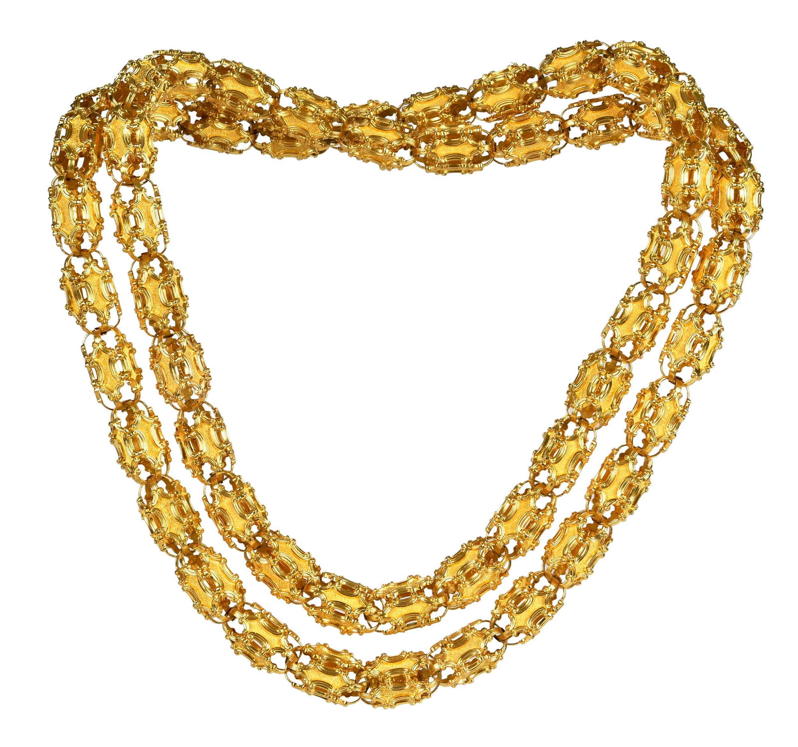 18kt. Ornate Cage Barrel Link Chain In Leather Case: small round cabochon cut turquoise, open-work hollow links, 23.0 x 14.0mm each, articulated with movement, hidden barrel clasp, tests 18kt. yellow gold, 45 in. length, 147.6 g, in custom made case Pro