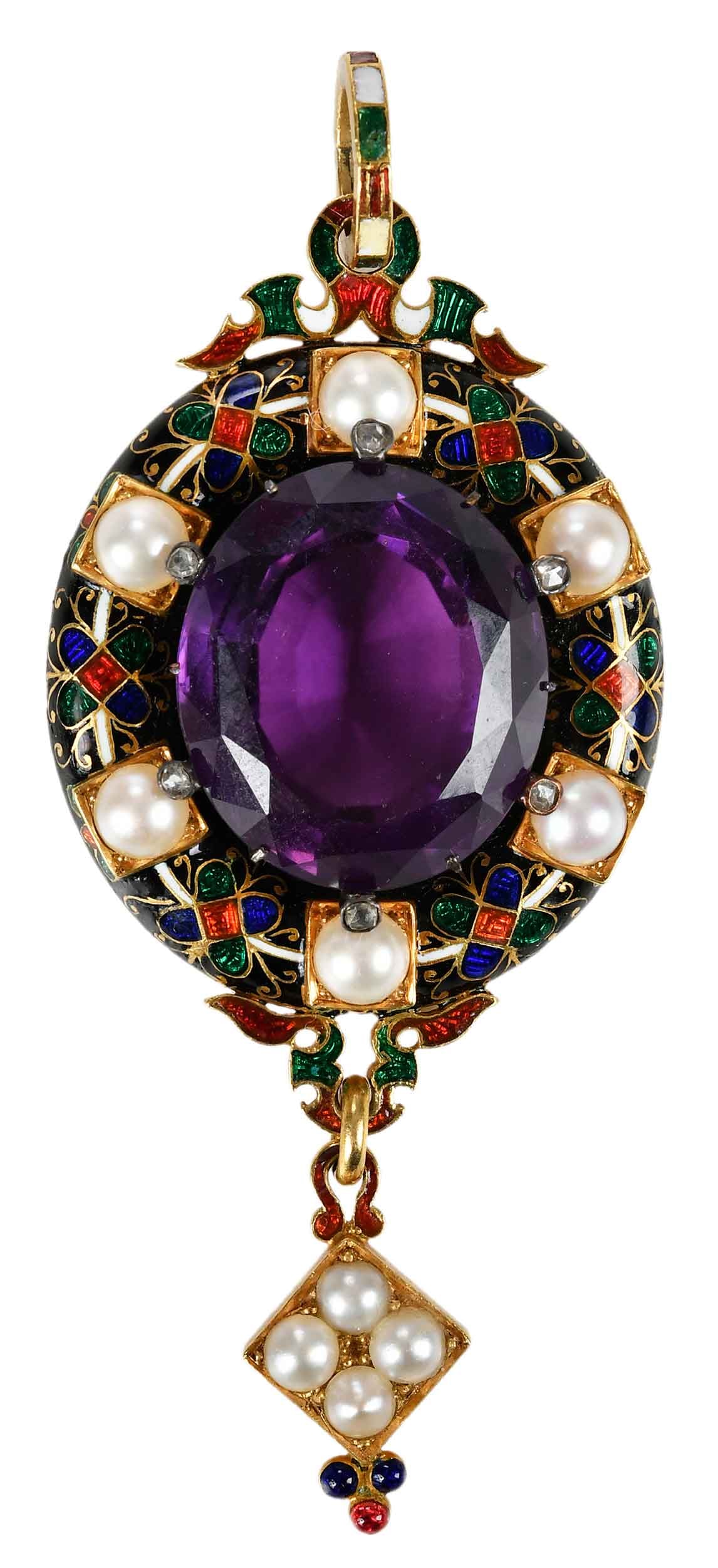 18kt. Enamel, Amethyst, Pearl Holbeinesque Pendant: oval faceted amethyst, approx. 20.0 x 17.5mm, 10 pearls, 3.0 - 4.5mm, six rose cut diamonds, red, green, black, and blue champleve enamel, detailed engraving at the back, tests 18kt. yellow gold, 2-3/