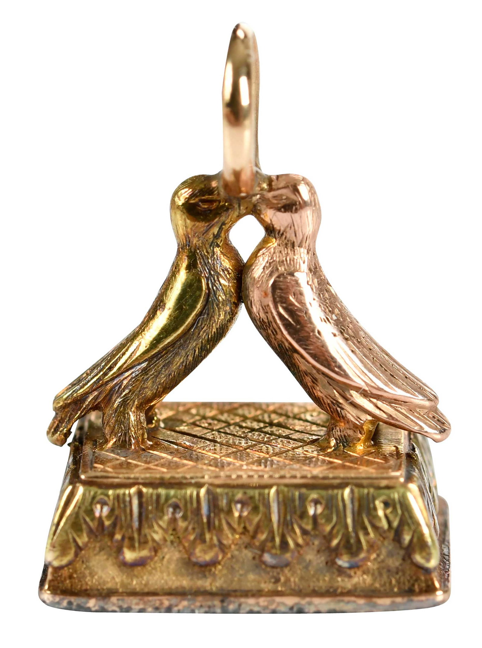 14kt. Georgian Bloodstone Intaglio Seal Fob: two bird design, tests 14kt. gold, 16.0 x 12.0 x 22.0mm, 6.0 g, Harvey & Gore box Provenance: Private Virginia Collection Note: Brunk Auctions makes no warranty or guarantee regarding any metal stamps