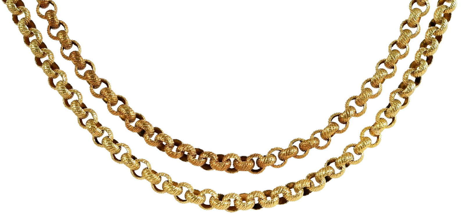 Georgian Belcher Link Guard Chain with Turquoise Clasp: column design clasp, four round cabochon turquoise, textured links, tests high carat gold, 38-3/4 in. length, 6.0mm wide, 35.2 g, box marked "James Robinson Inc 12 East 57th St New York" Provenance: P