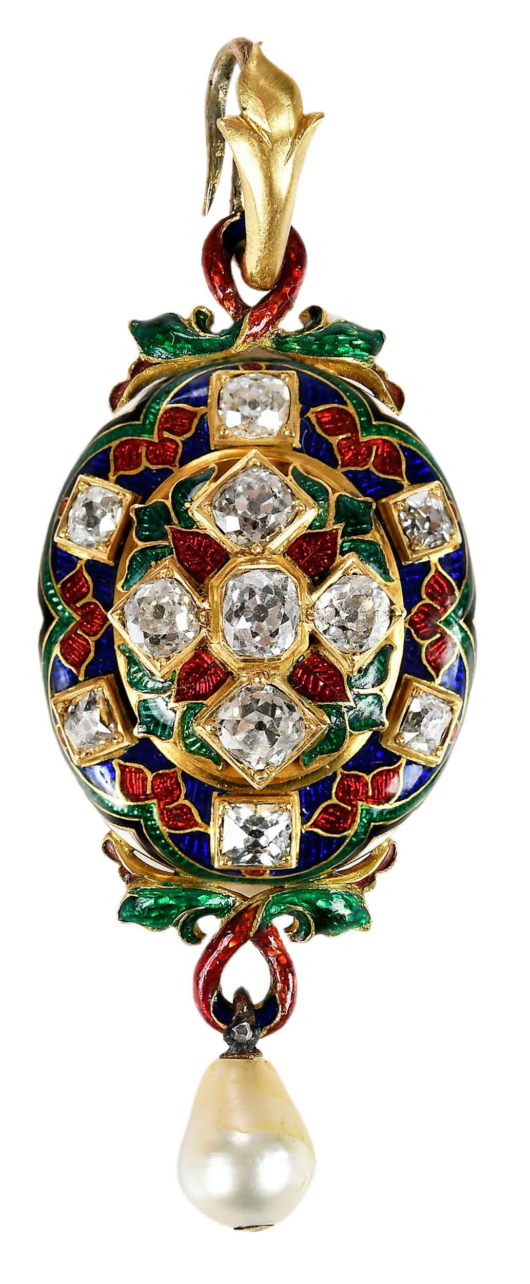 Renaissance Revival Enamel, Diamond, with Pearl Drop Holbeinesque Locket: 11 old faceted diamonds, red, green, and blue enamel, pear shaped pearl drop, open locket window, tests 18kt. yellow gold, 60.0 x 22.0mm, 38.5 g, case marked "SJ Phillips LTD 139 New Bond St London W1