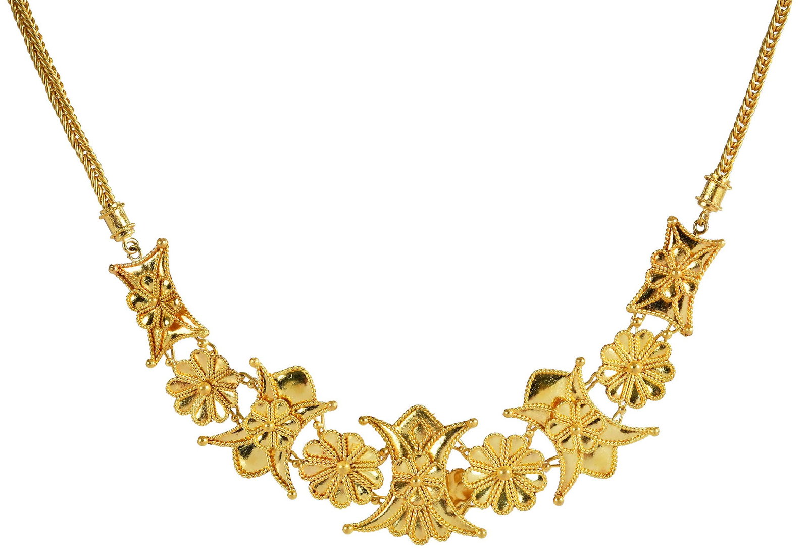 18kt. Etruscan Revival Style Flower Necklace: 11 flower charms, graduating in sz., 24.0mm the widest, wheat chain, tests 18kt. yellow gold, signed "TA", Tessa Ader, 19 in. length, 3.0mm wide, 42.9 g Provenance: Private Virginia Collection Note: B