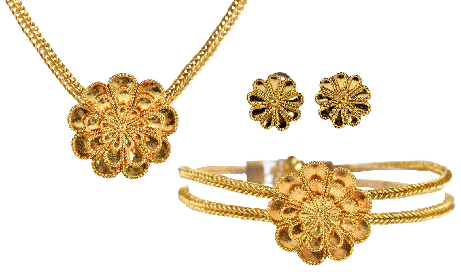 18kt. Etruscan Revival Style Flower Suite, Necklace, Bracelet and Earrings: flower pendant, approx. 23.0mm diameter, wheat chain, tests 18kt. yellow gold, 14 in. length, 3.0mm wide; flower pendant, approx. 23.0mm diameter, double wheat chain, tests 18kt. yellow gold, 7 in. le