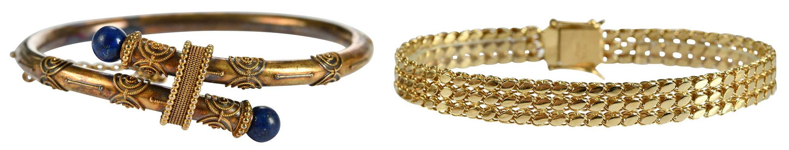 14kt. Bracelets, Etruscan Revival Bangle with Lapis Lazuli, and Fancy Link (1 of 5)