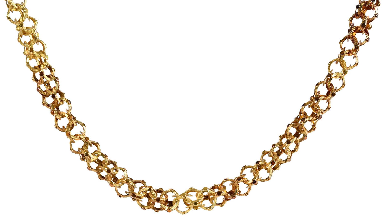 18kt. Intricate Etruscan Revival Link Chain: hand engraved pillar clasp, textured interlocking links, tests 18kt. yellow gold, 21 in. length, .9.0mm wide, 31.9 g Provenance: Private Virginia Collection Note: Brunk Auctions does not guarantee the