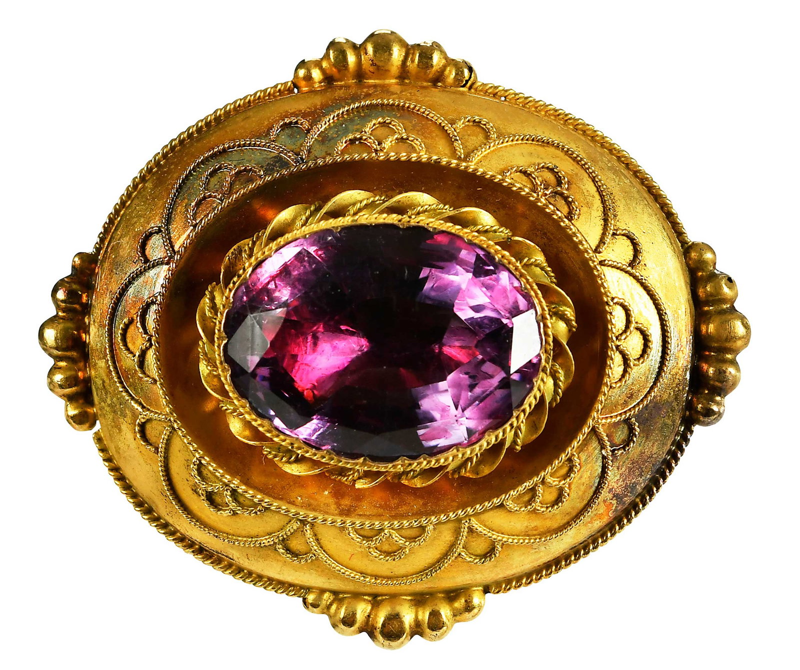 18kt. Victorian Etruscan Revival Memorial Brooch: oval faceted topaz, closed foil back, tests 18kt. yellow gold, 1-5/8 x 1-3/8 in., with braided hair in back locket, 12.5 g Provenance: Private Virginia Collection Note: Brunk Auctions makes no warrant