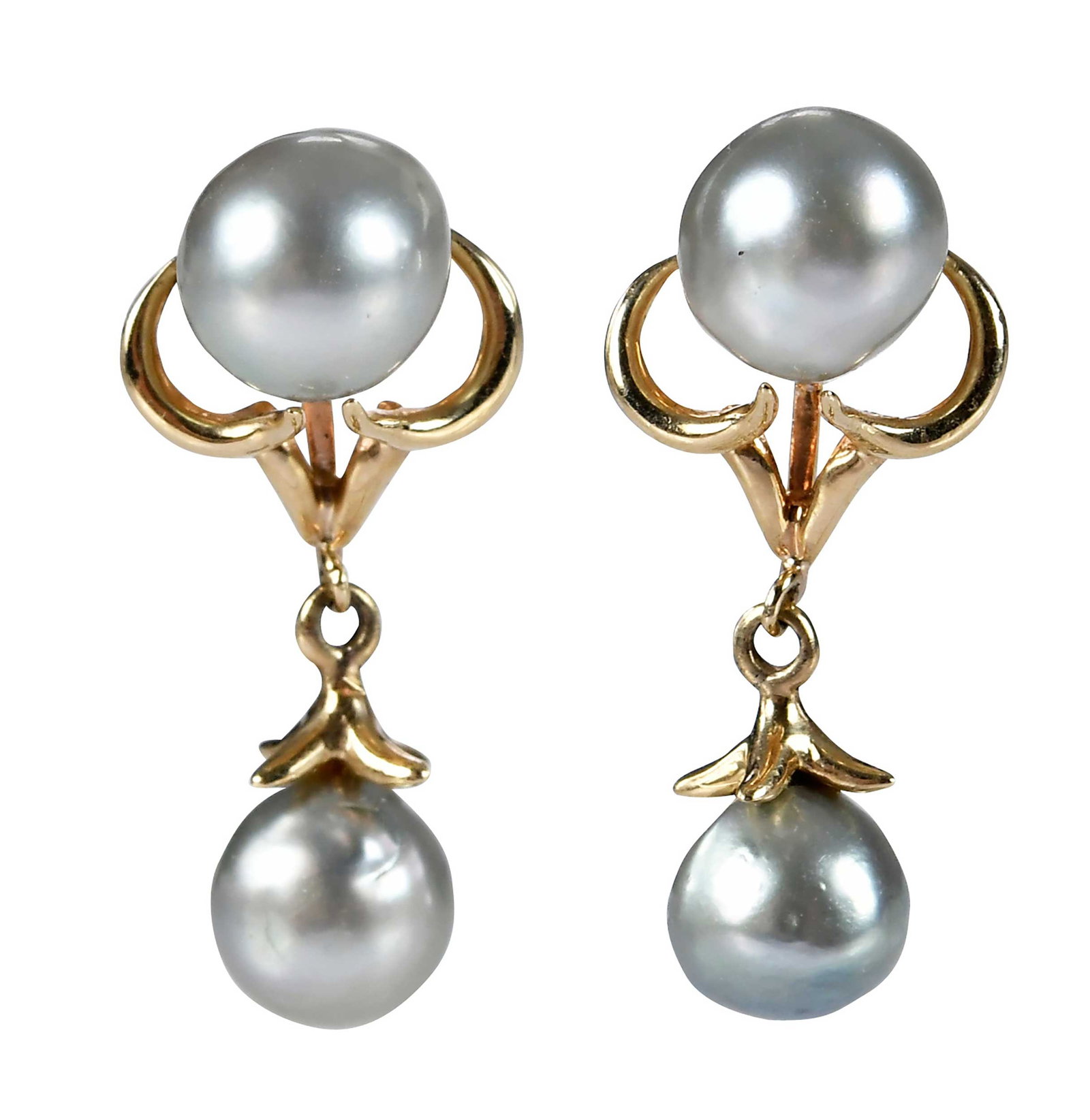 14kt. Vintage Style Grey Pearl Drop Earrings: four grey pearls, approx. 7.5 - 8.5mm, marked "14k", yellow gold, post backs, 1-1/8 in. length, 6.2 g Provenance: Private Collection, North Carolina Note: Brunk Auctions makes no warranty or guarantee