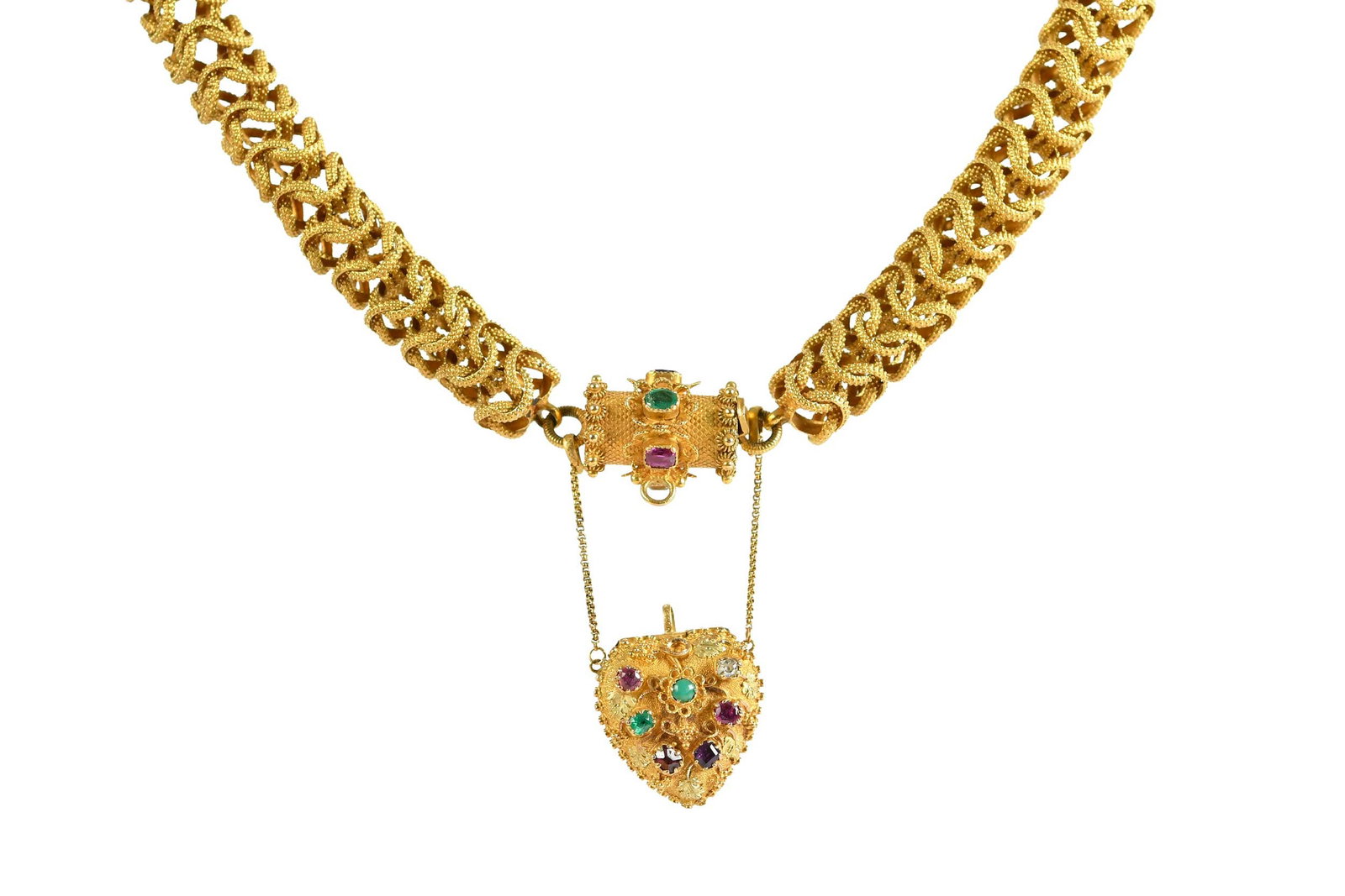 18kt. Intricate Etruscan Revival Necklace with Gemstone Heart Locket: removable heart locket, six old cut gemstones: diamond, ruby, sapphire, amethyst, emerald, and one round cabochon cut chrysoprase, window containing hair, 20.0 x 19.0mm, pillar clasp, five old cut gem