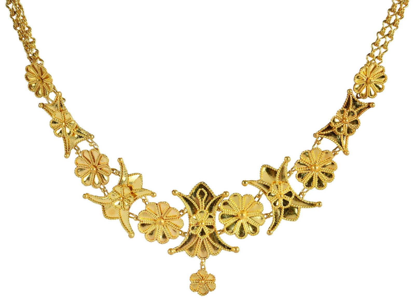 18kt. Etruscan Revival Style Flower Necklace: 19 flower charms, graduating in sz., 24.0mm the widest, double fancy link chain, tests 18kt. yellow gold, signed "TA", Tessa Ader, 18-1/2 in. length, 50.2 g Provenance: Private Virginia Collection Not