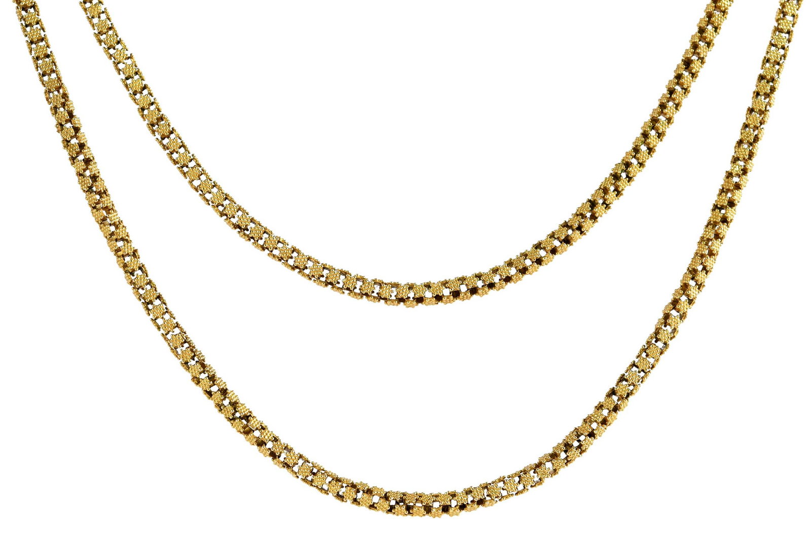 Gold Victorian Etruscan Revival Fancy Link Chain: intricate granulation, column design clasp, fine star shaped links, tests high karat gold, 53-1/2 in. length, 4.0mm wide, 75.7 g Provenance: Private Virginia Collection Note: Brunk Auctions makes no w
