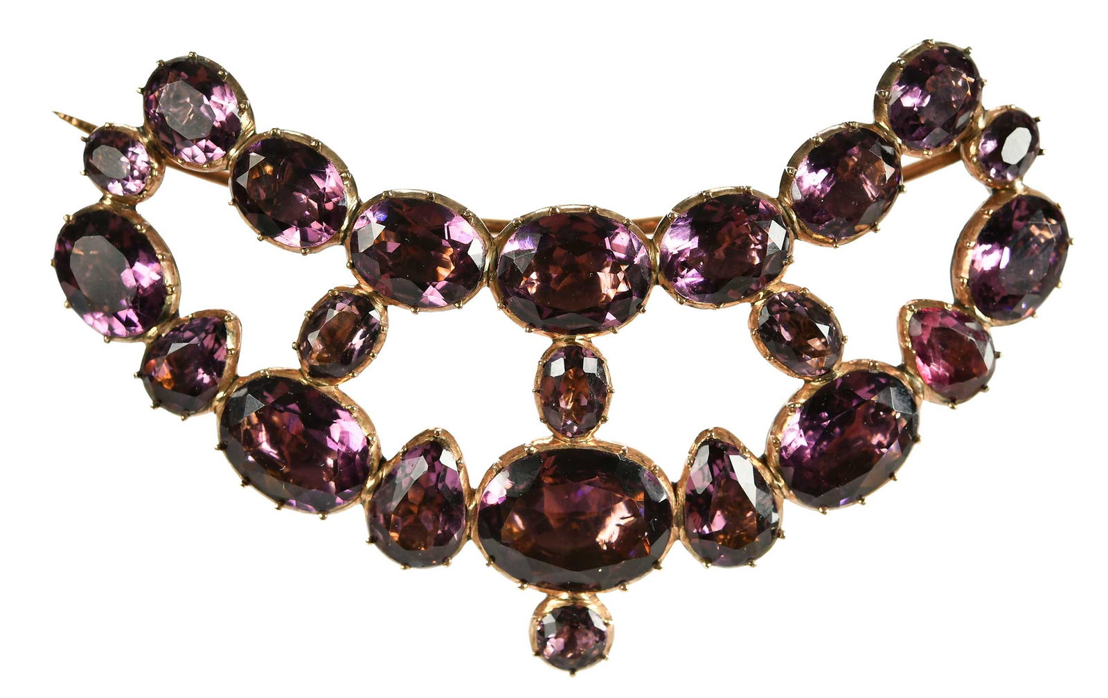 Crescent Shaped Double Tier Amethyst Jeweled Brooch: oval, pear and round faceted faux amethyst, closed back, tests possibly 9kt. rose gold, 3-3/8 x 1-7/8 in., 30.7 g Provenance: Private Virginia Collection Note: Brunk Auctions makes no warranty or guar