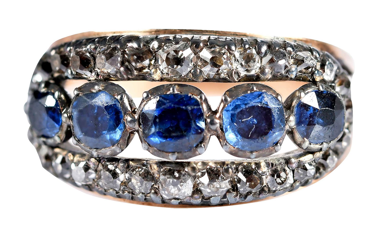 Victorian Blue Sapphire and Diamond Ring: five round old cut faceted blue sapphires, old cut diamonds, ring tests 14kt. rose gold, paired with silver topped settings and closed back, 5-3/4 ring sz., 3.1 g Provenance: Private Virginia Collecti