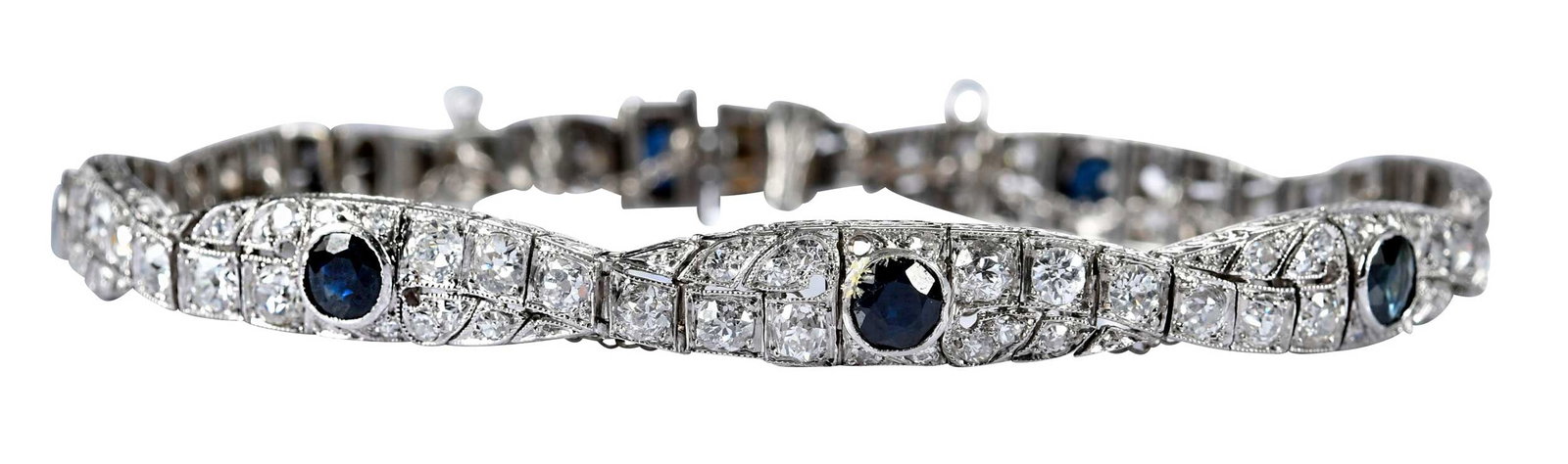 14kt. Vintage Navette Link Blue Sapphire and Diamond Bracelet (1 of 8)
