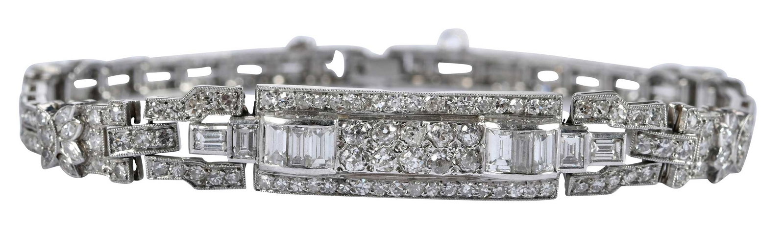 Palladium Art Deco Diamond Bracelet: old European cut diamonds, baguette, marquise and round single cut diamonds, approx. 3.50ctw., VS-SI, H-J, 7 in. length, 8.5mm widest area, 16.2 g Provenance: Private Collection Note: Brunk Auctions m