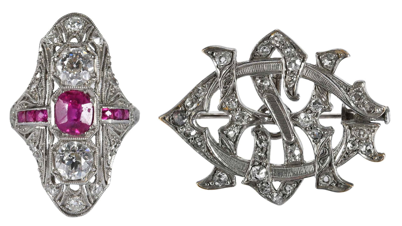 Platinum Art Deco Panel Ring, and Monogram Diamond Brooch Pendant: center old cut ruby, flanked by a row of calibre cut rubies, two old cut diamonds, approx. 4.0mm, additional old cut diamond accents, tests platinum, 4 ring sz., 5.0 g; old cut diamond accents, tests 