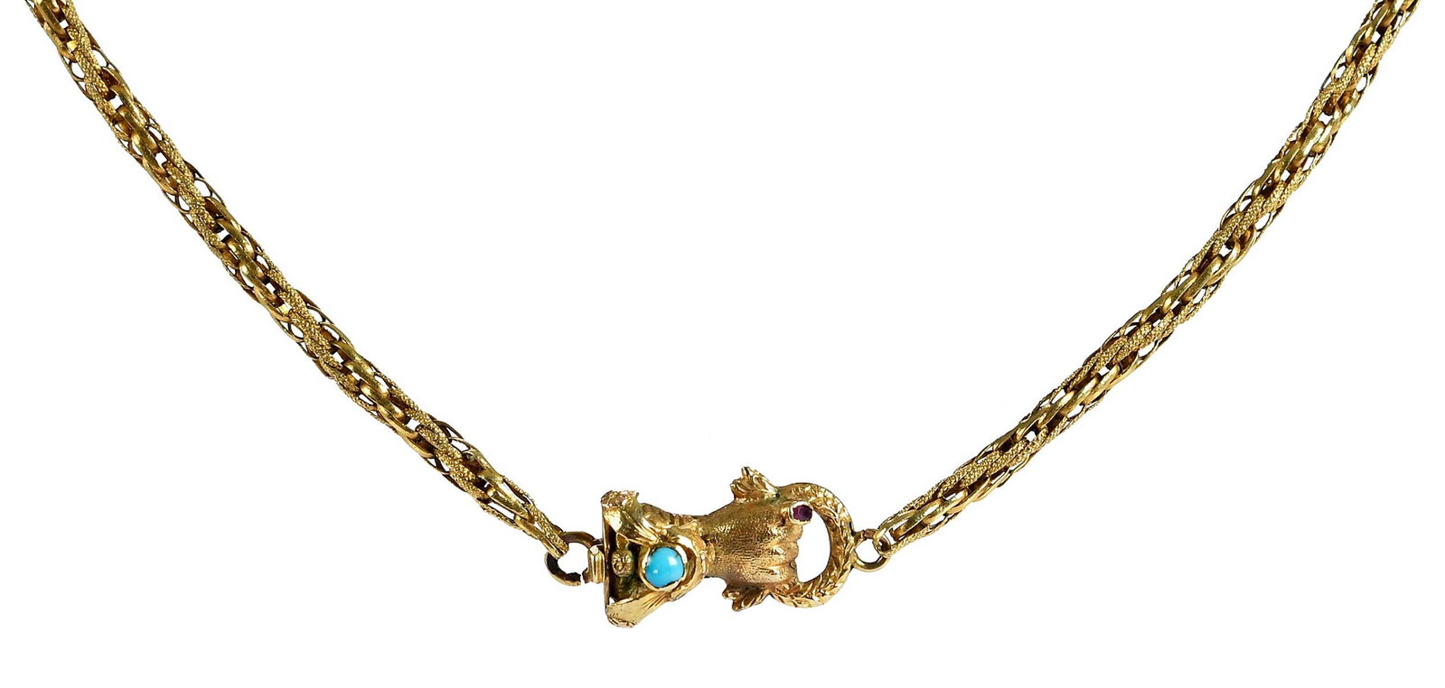 Victorian Gold Fancy Rope Chain with Gemstone Hand Clasp: clasp, oval faceted ruby, round cabochon cut turquoise, high polish and textured rope link chain, tests high karat gold, 18 in. length, 3.0mm wide, 16.6 g Provenance: Private Virginia Collection Note: