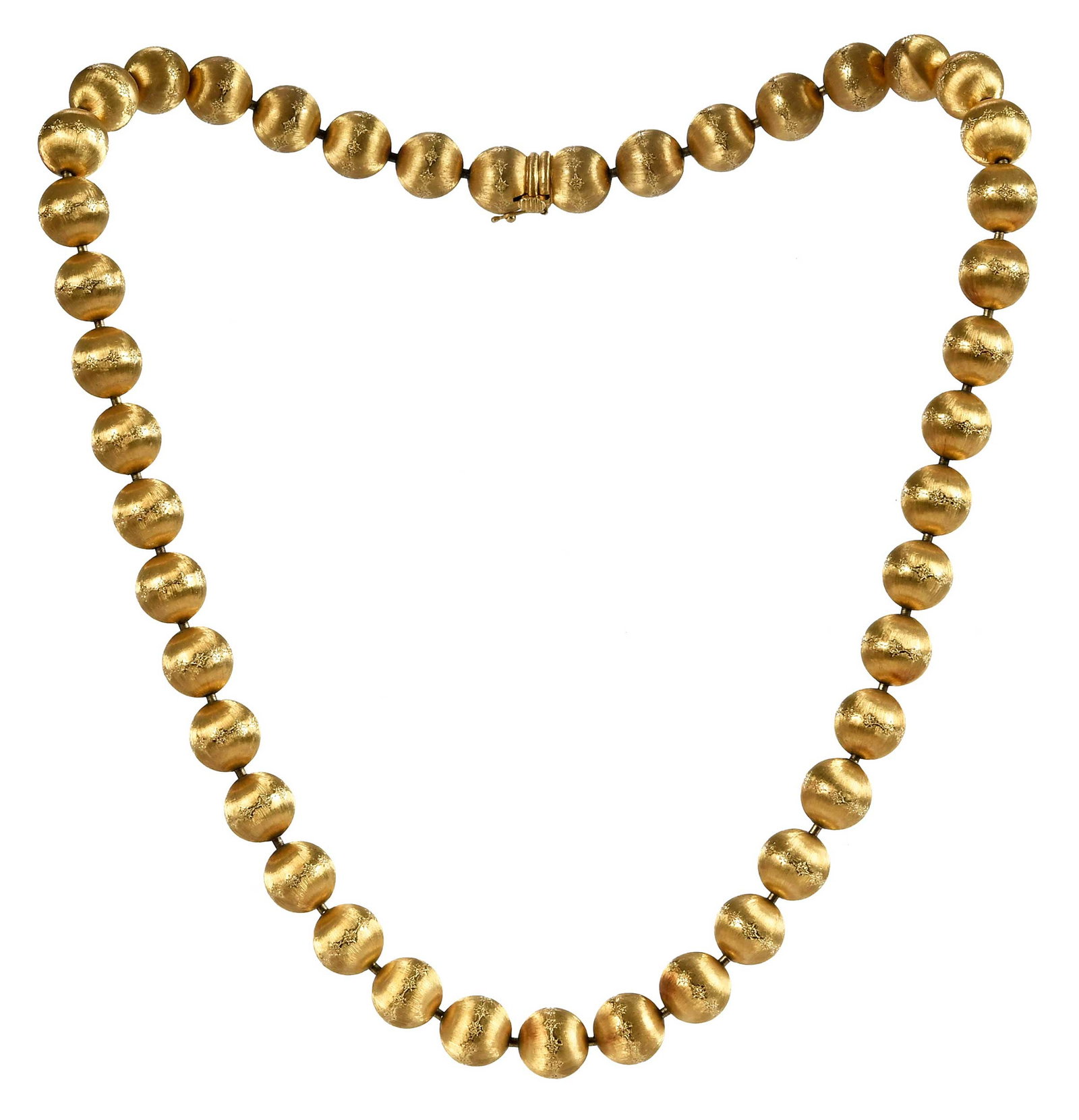 18kt. Vintage Buccellati Satin Beaded Link Necklace: 43 brushed texture patterned spheres, marked "750, 18K, Italy, M R", yellow gold, signed "M.Buccellati", 24 in. length, 13.0mm beads, hidden insert clasp, 175.0 g Provenance: Private Virginia Collecti