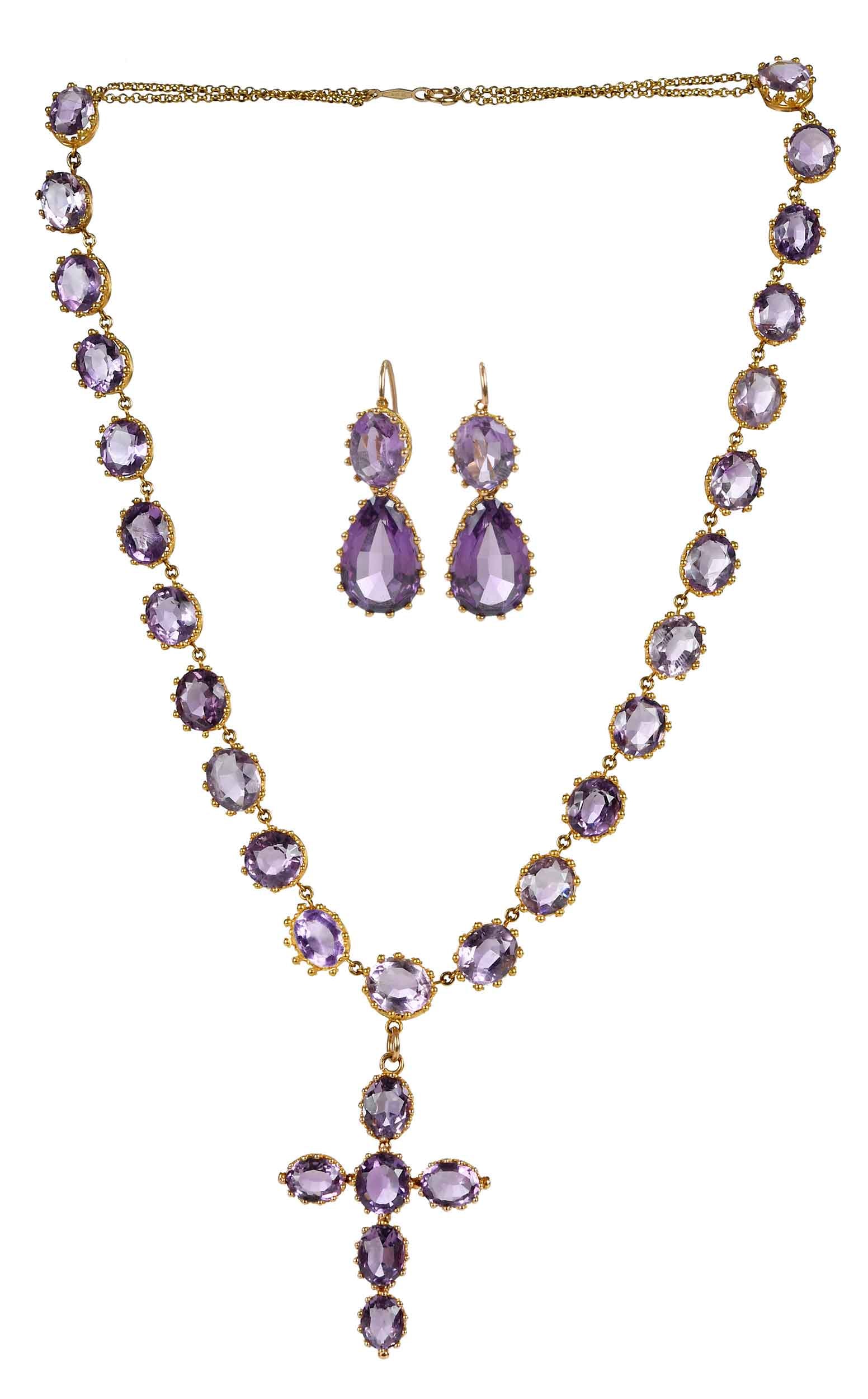 14kt. Victorian Collet Riviere Amethyst Suite; Necklace and Drop Earrings: round and oval faceted amethyst in cross pendant, 1-1/2 x 1-1/8 in., 24 round and oval faceted amethyst as links in necklace, all test 14kt. yellow gold, 14-1/2 in. length; pear and oval faceted ameth